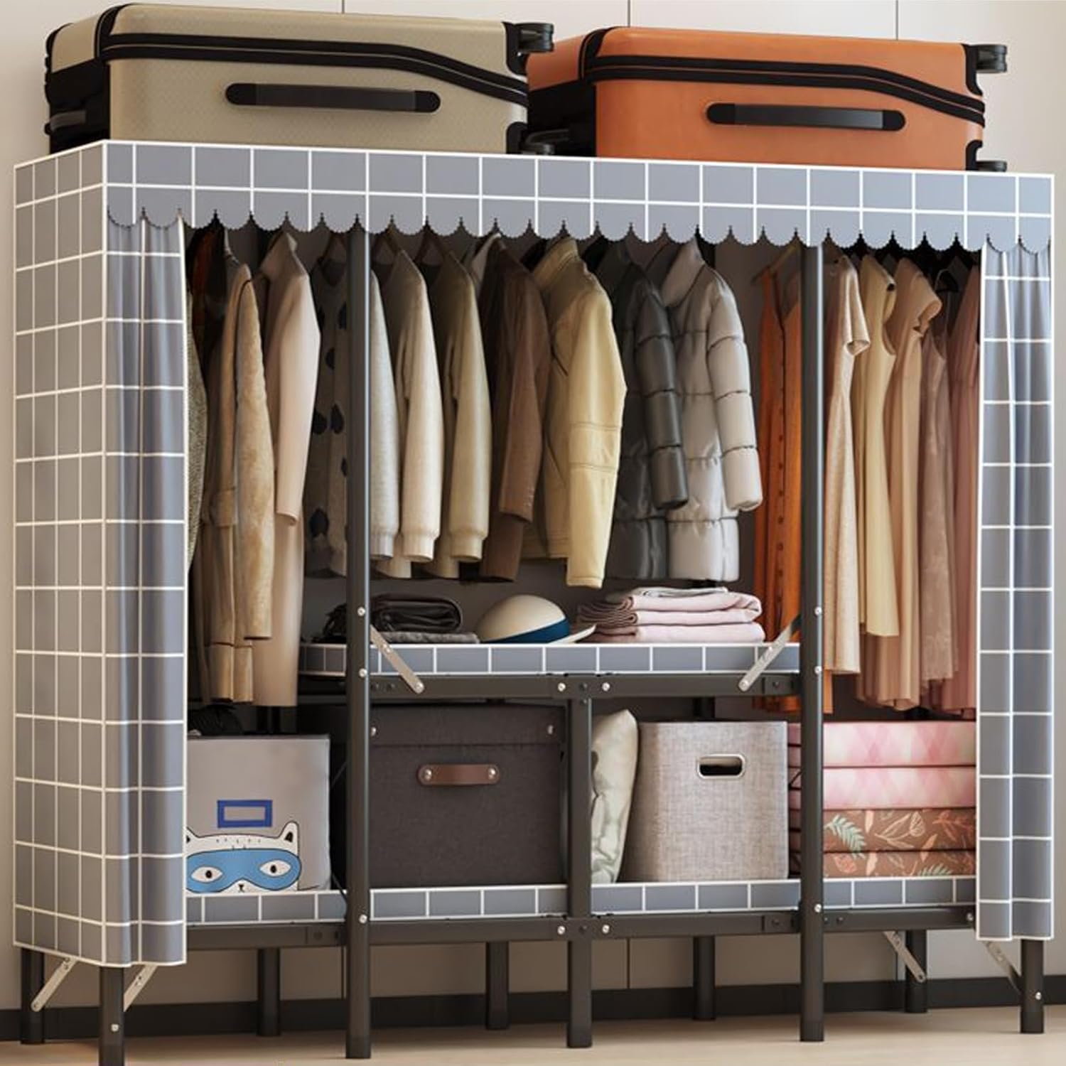 Wardrobe Canvas Wardrobe - Portable Wardrobe Closet Rack, Large Capacity Wardrobe Clothing Storage Rack With 3 Hanging Rails, Shelves, Folding Wardrobes For Clothes, For Bedroom, Living Room(C)