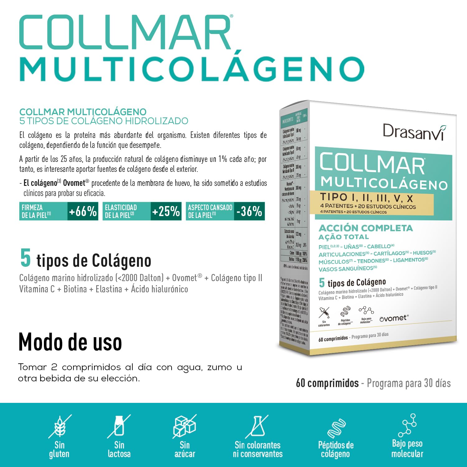 Multi Colágeno Complex Hidrolizado Marino con Ácido Hialurónico, Vitamina C, Biotina y Magnesio | Colágeno Tipos I, II, III, V y X | 60 Comprimidos para Piel, Cabello y Articulaciones