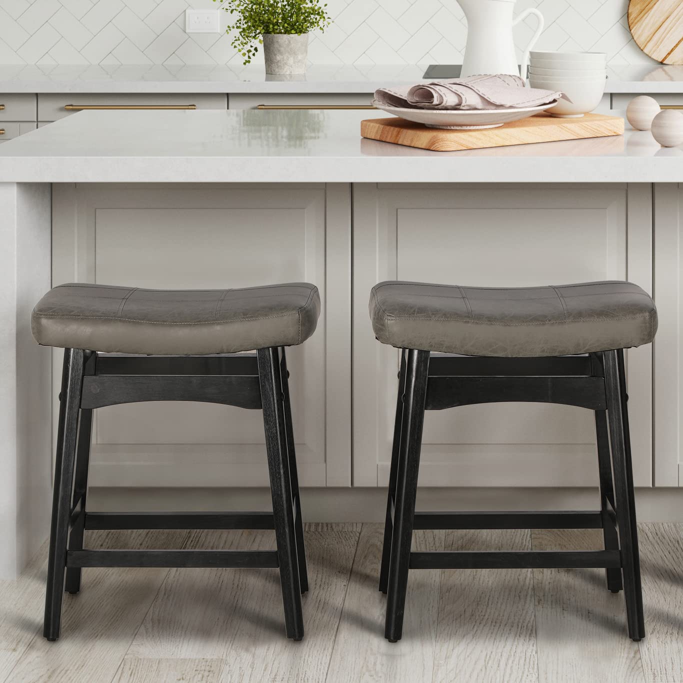 MAISON ARTS Grey Counter Height Bar Stools Set of 2 for Kitchen Counter Solid Wood Legs with Faux Leather Saddle Seat Farmhouse Barstools for 34"-40" Counter Island Upholstered Stools, 24in Height