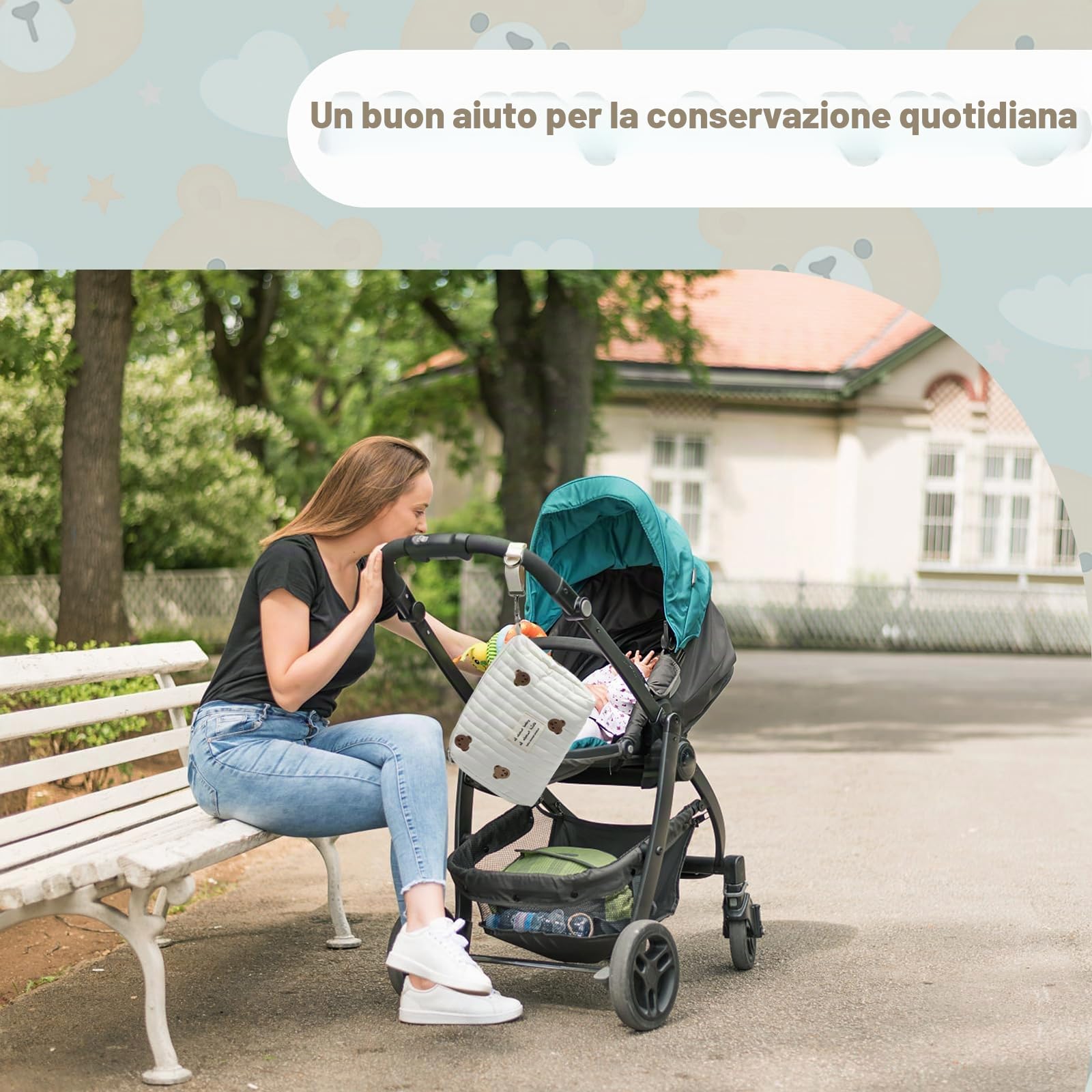 Mommy Bag Ricamate con Orsacchiotto, Borsa Porta Pannolini Portatile con Fiocco e Gancio per Passeggino