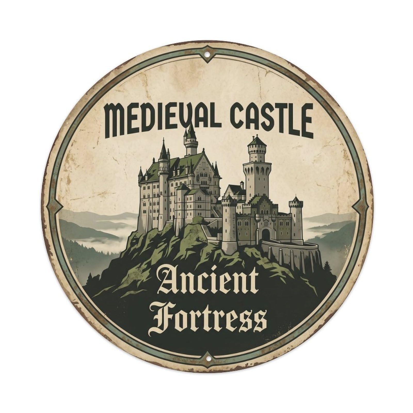 Vintage Travel Castles Medieval Fortress Metal Tin Sign Plaque Wall Decor for Cafe, Club Bar, Office, Home Garden Round Metal Poster 8x8Inch