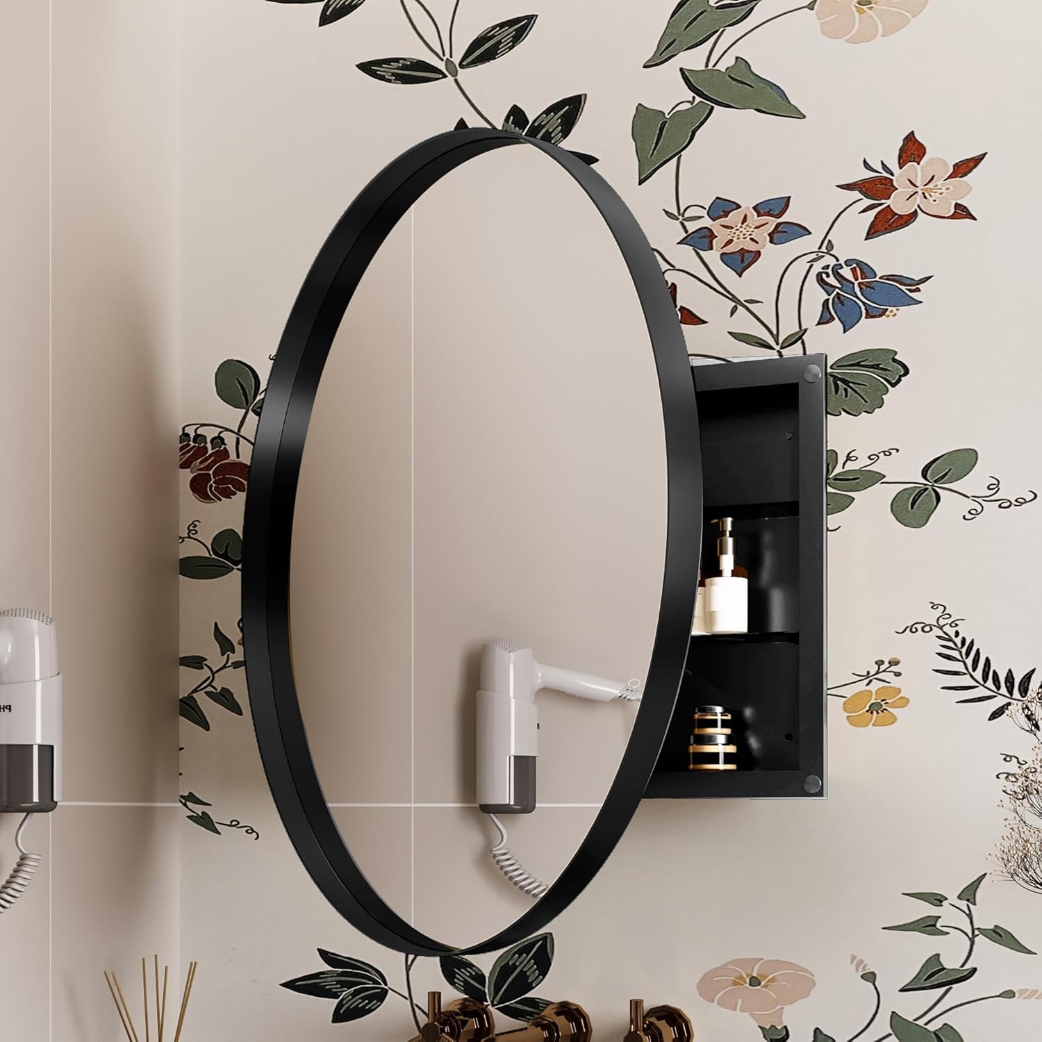 31.5" Surface Mount Round Metal Framed Medicine Cabinet with Mirror and Adjustable Shelves Black Wall Mirror with Storage for Bathroom,Black