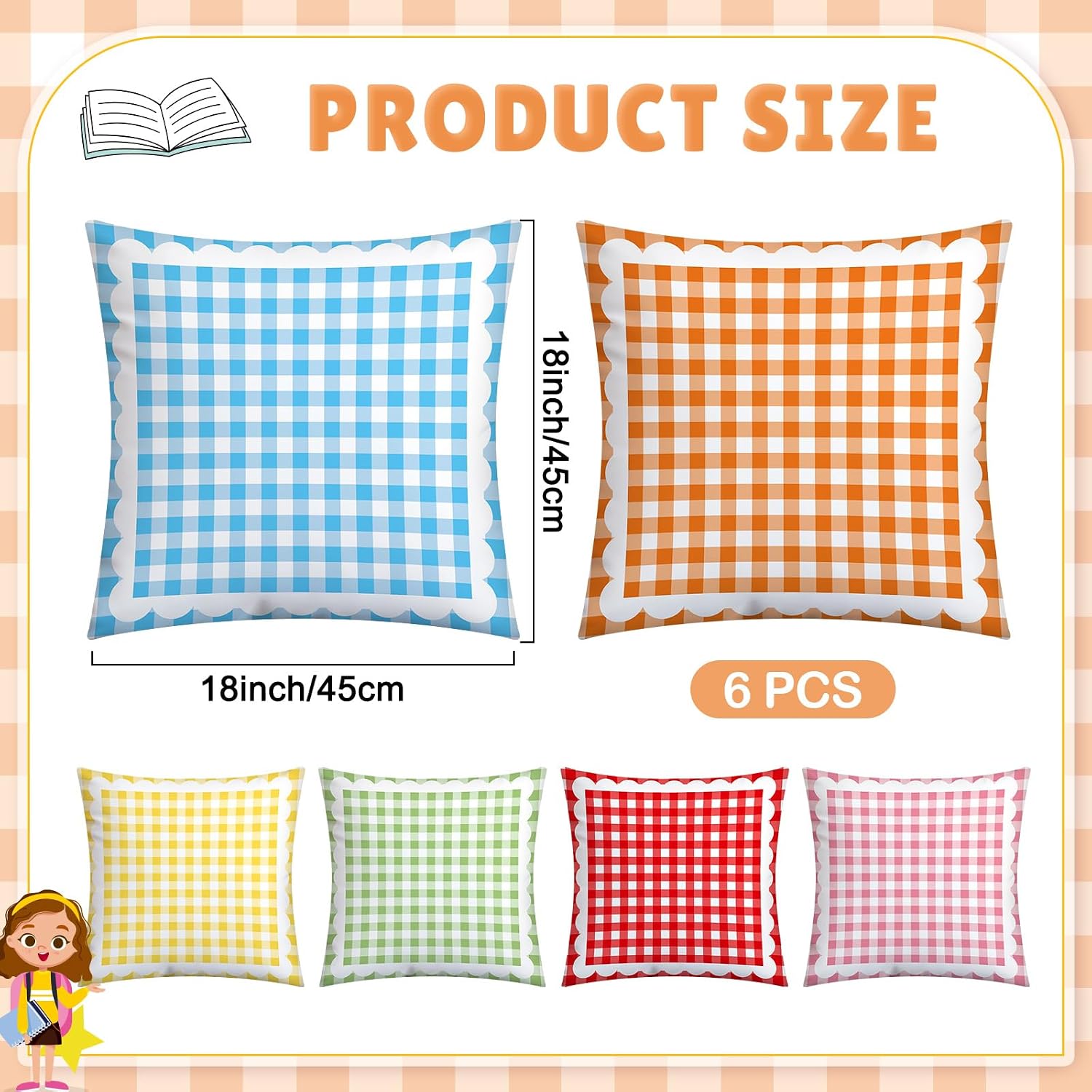 6 Pcs Colorful Classroom Gingham Throw Pillow Cover 18 x 18 Inch Retro Plaid Classroom Calming Corner Decor Back to School Pillow Cases for Reading Corner Nursery Playroom Sofa Couch Decor