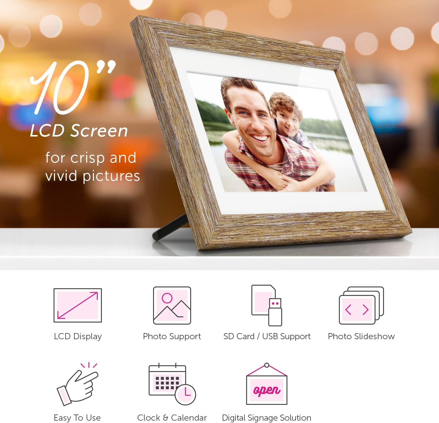Aluratek 10” Distressed Wood Digital Photo Frame with Auto Slideshow, 1024 x 600 (ADPFD10F), 10" Wood Border, 10 Inch, Non-WiFi