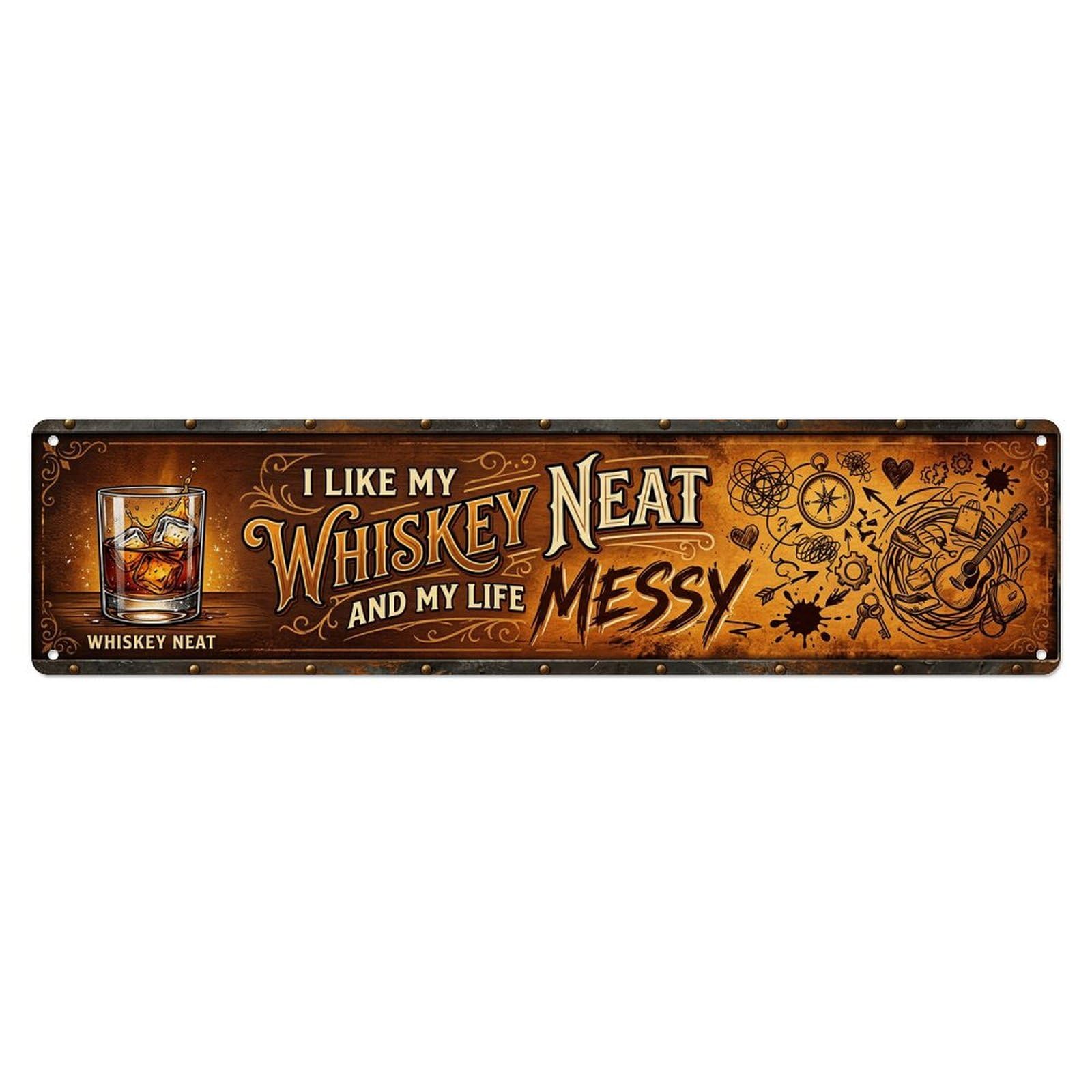 Whiskey Neat Bar Beverage Metal Tin Sign Plaque Wall Decor for Cafe, Club Bar, Office, Home Garden Metal Poster 4x16Inch