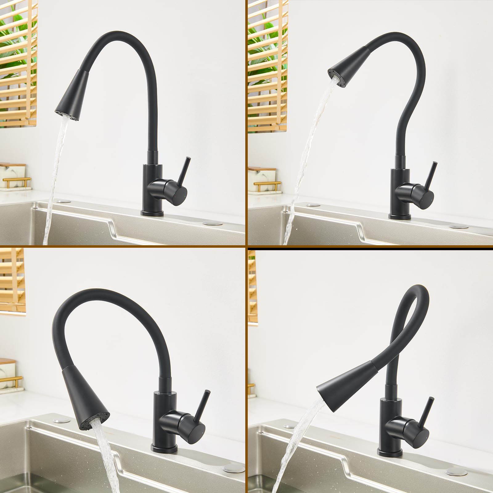 Robinet Cuisine Noir, Mitigeur Cuisine avec Bec Flexible 4 Modes de Réglage, Robinetterie Evier Pivotant à 360° en Acier Inoxydable, Froid & Chaud Disponible