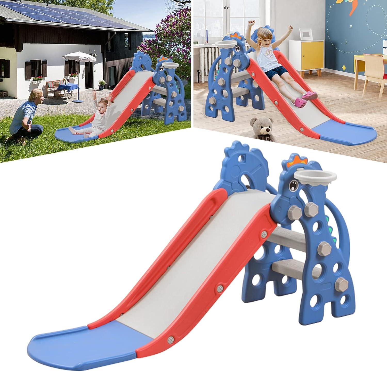 YARDIN Tobogán infantil 2 en 1 para niños a partir de 1 año, tobogán para niños con cesta de baloncesto y marco de escalada, tobogán para niños pequeños, tobogán de jardín, exterior y parque infantil