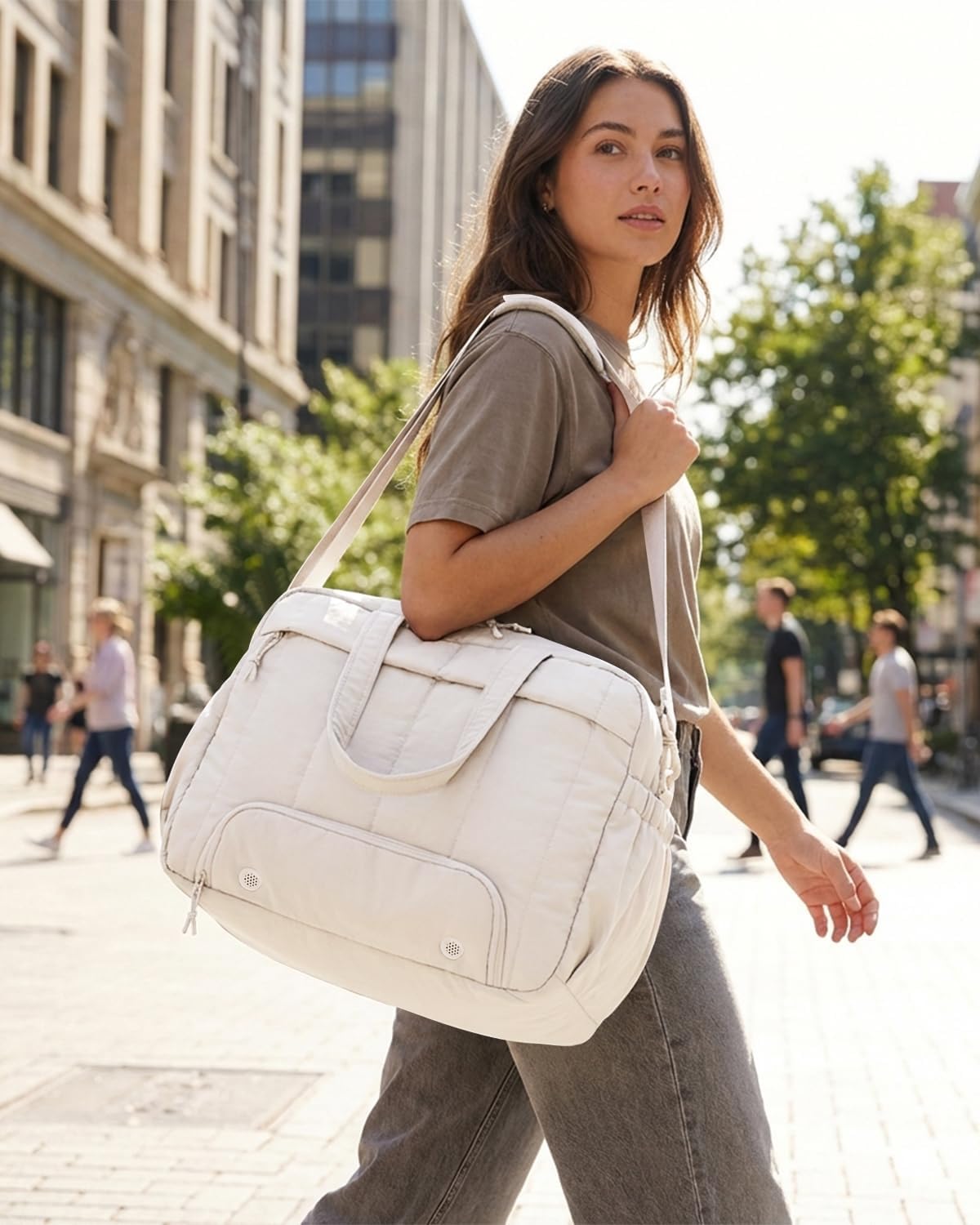 For Spirit Airlines Personal Item Bag 18x14x8 Puffer Travel Duffel Bag with Shoe Compartment Underseat Carry on Luggage Fit 15.6-Inch Laptop Gym Bag for Women Men (Beige) - Image 4