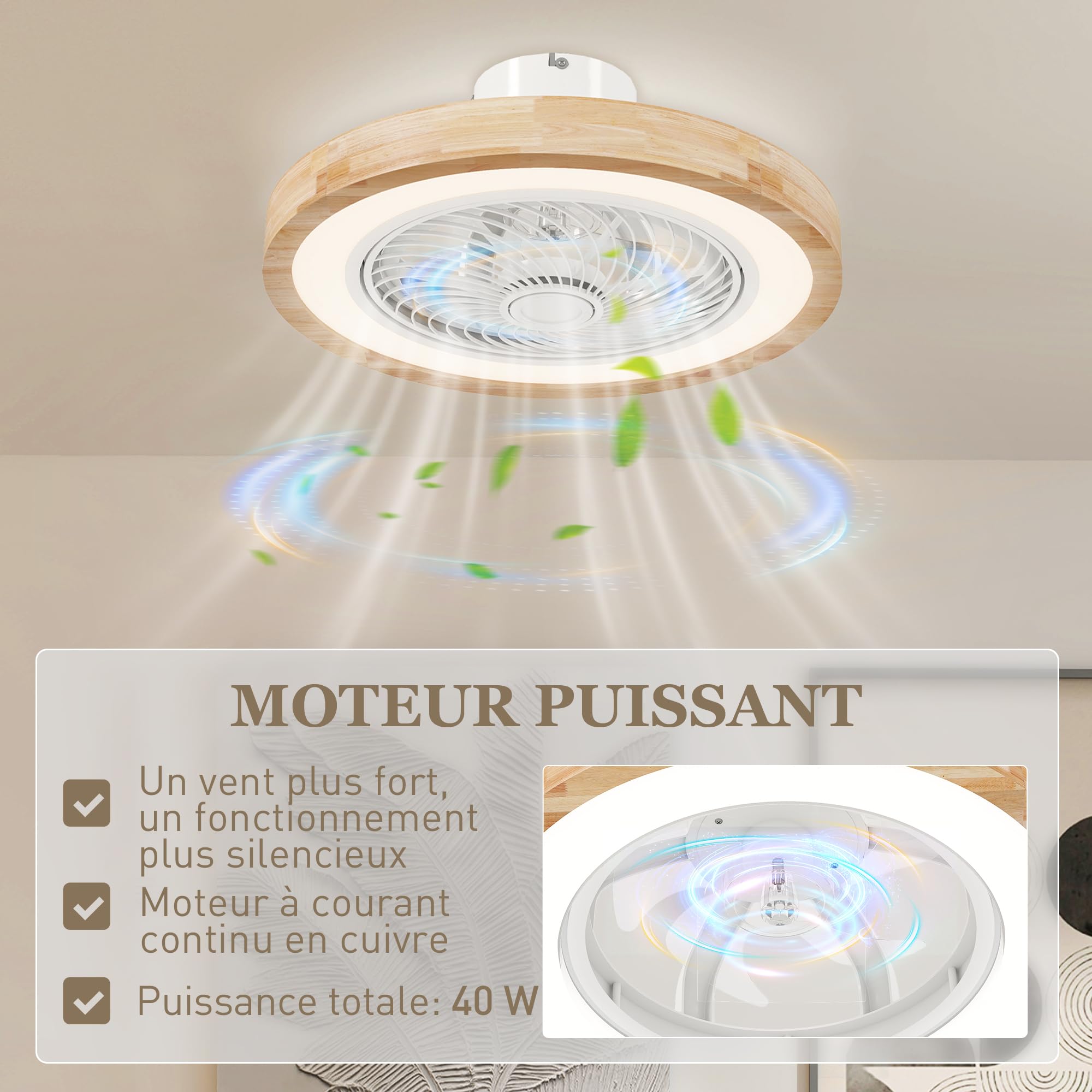HOMCOM Ventilateur Plafond Réversible LED RGBW 50 cm Effet Bois Naturel