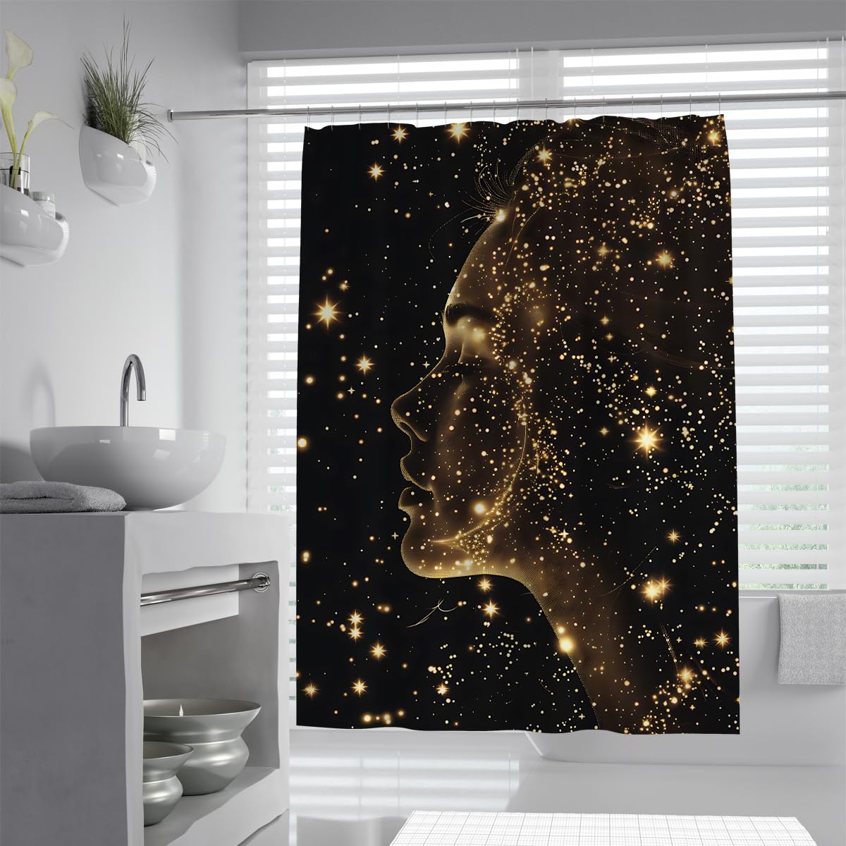 UERWOWELL Fantasy Cosmos Starry Night Sky Bathroom Shower Curtain Dreamy Feminine Silhouette Bath Curtain Washable Fabric Modern Bathroom Decor W150xL180 cm