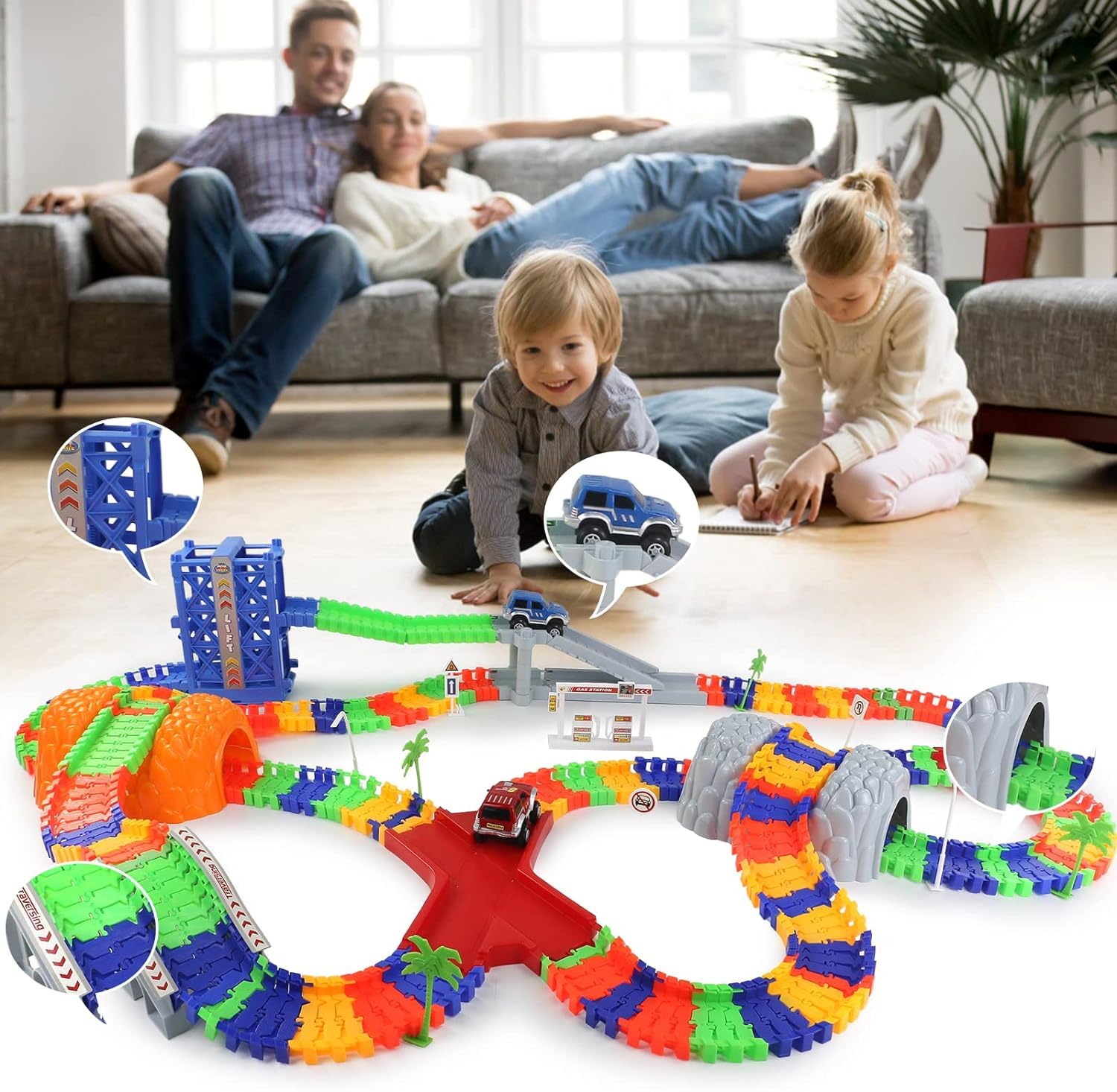TONZE Juguetes Niños 3 Años Flexible Pista Coches 288 Piezas Juguetes Circuito Coches Pistas Flexibles con 2 Autos Juego Electricos para Infantil Regalo Niños Niñas 3 4 5 6 Años