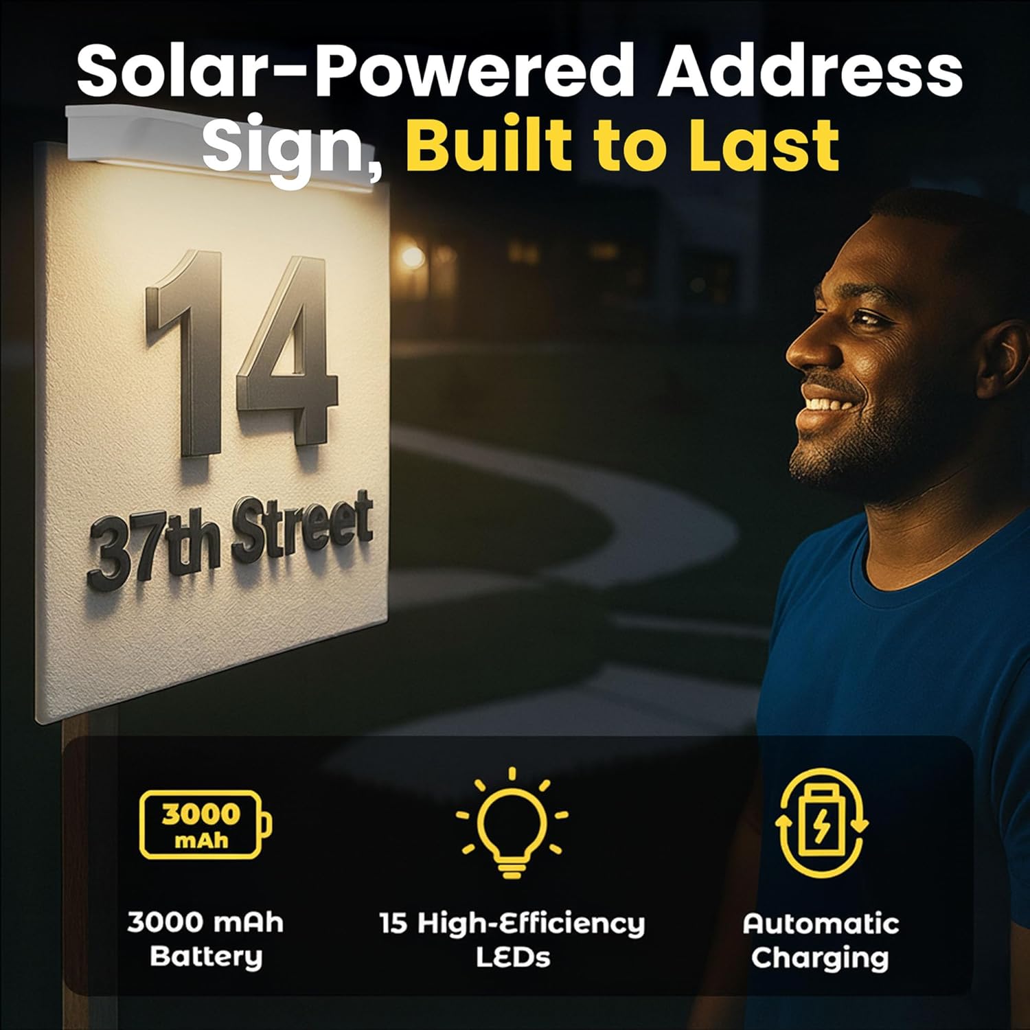 Brighticonics 2pck Solar Address Sign Light – IP65 Waterproof LED Lighted House Numbers – Easy Install, Auto Dusk-Dawn ON/Off, Outdoor Solar Address Signs for Yard, Homes, Business - Warm White 3000K