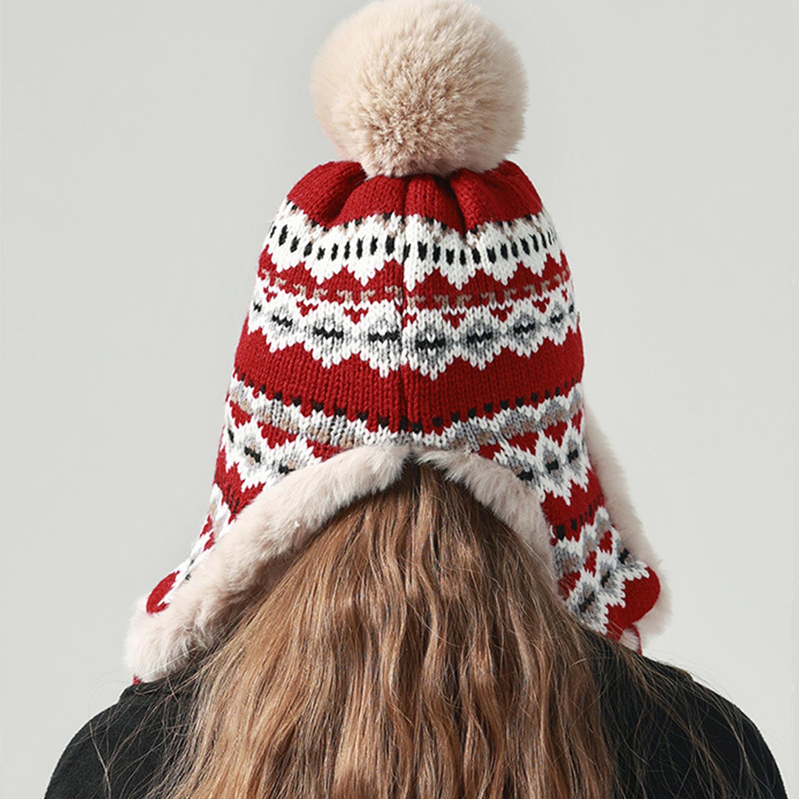 Damen Winter Strickmütze mit Ohrenklappen Winddichte Fleece Gefüttert Trappermütze Thermo Dicke Skimütze mit Ohrenschützer Wintermütze mits Kunstpelz Bommel Kinnriemen Wintermütze für im Freien