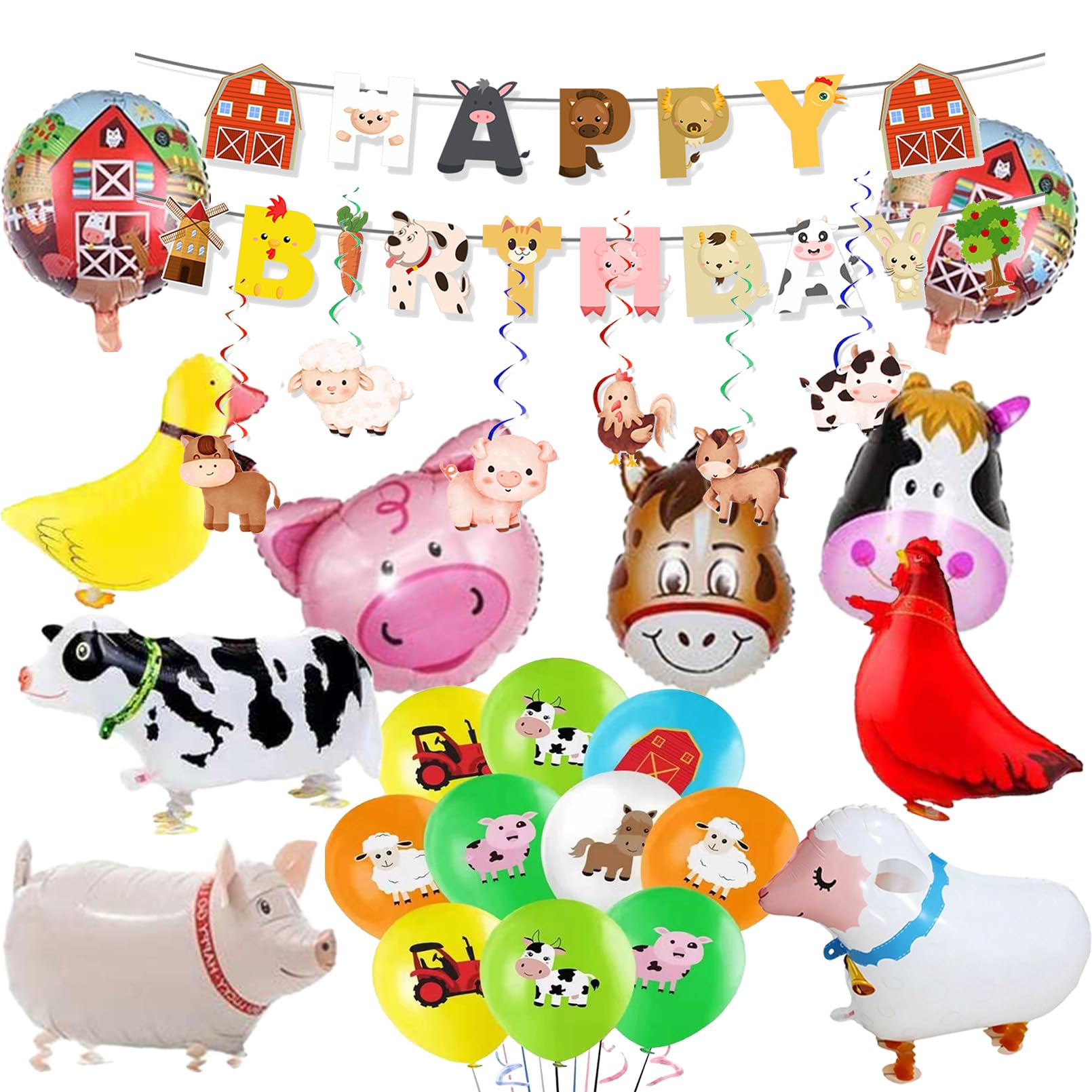Farm Animals Party Balloons Set, Barnyard Birthday Party Supplies Kit with Foil Balloons, Hanging Swirls and Latex Balloons