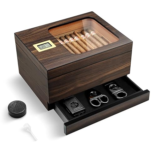 Cigar Humidor, Modern Glass Top Cedar Humidor Cigar Box with Accessory Drawer, Digital Hygrometer,Handcrafted Cedar Wood Tray and Divider, Cigar Case for 30-55 Cigars, Cigar Accessories for Men - Holds 30-55 Cigars