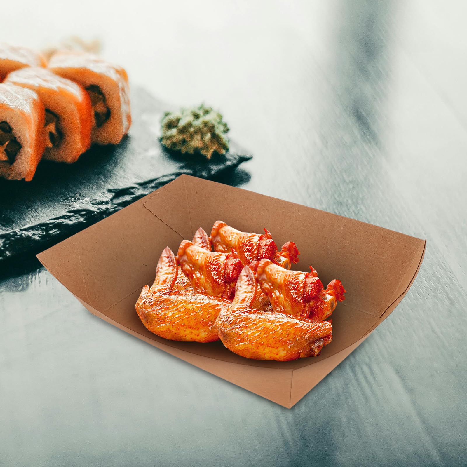 100 Piezas Bandeja de Papel para Servir Alimentos, Bandeja de Comida, 100% Papel, Marrón, Abierta, para Hot Dog y Snacks, para Fiestas y Comida para Llevar