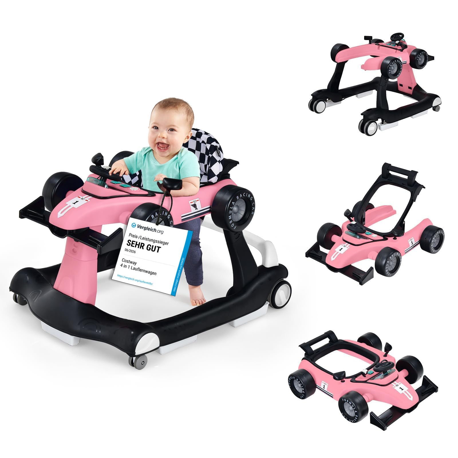 COSTWAY 4 en 1 Andador Bebes, Tacata Bebe Plegable con Altura y Velocidad Regulables, Carillón con Luces, Volante y Asiento con Cojín, Diseño Antivuelco, Caminador para Bebe de 6-18 Meses