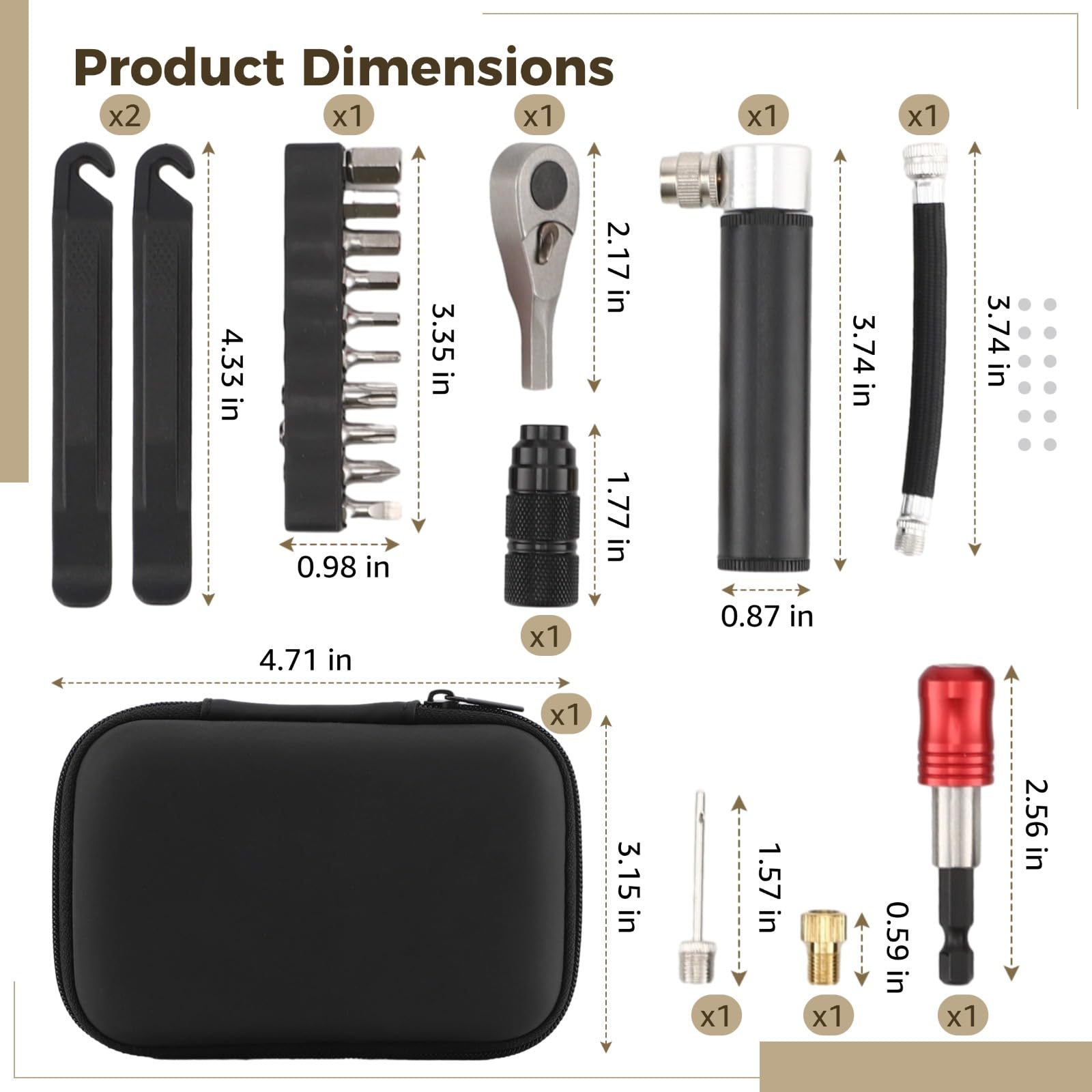 11-teiliges Fahrradreparaturset, Multifunktions-Werkzeugset mit Mini-Pumpe, Ratschen-Schlüssel, 10 Bits und stabilen Reifenhebern, Tasche für Pannen unterwegs und Reparaturen zu Hause