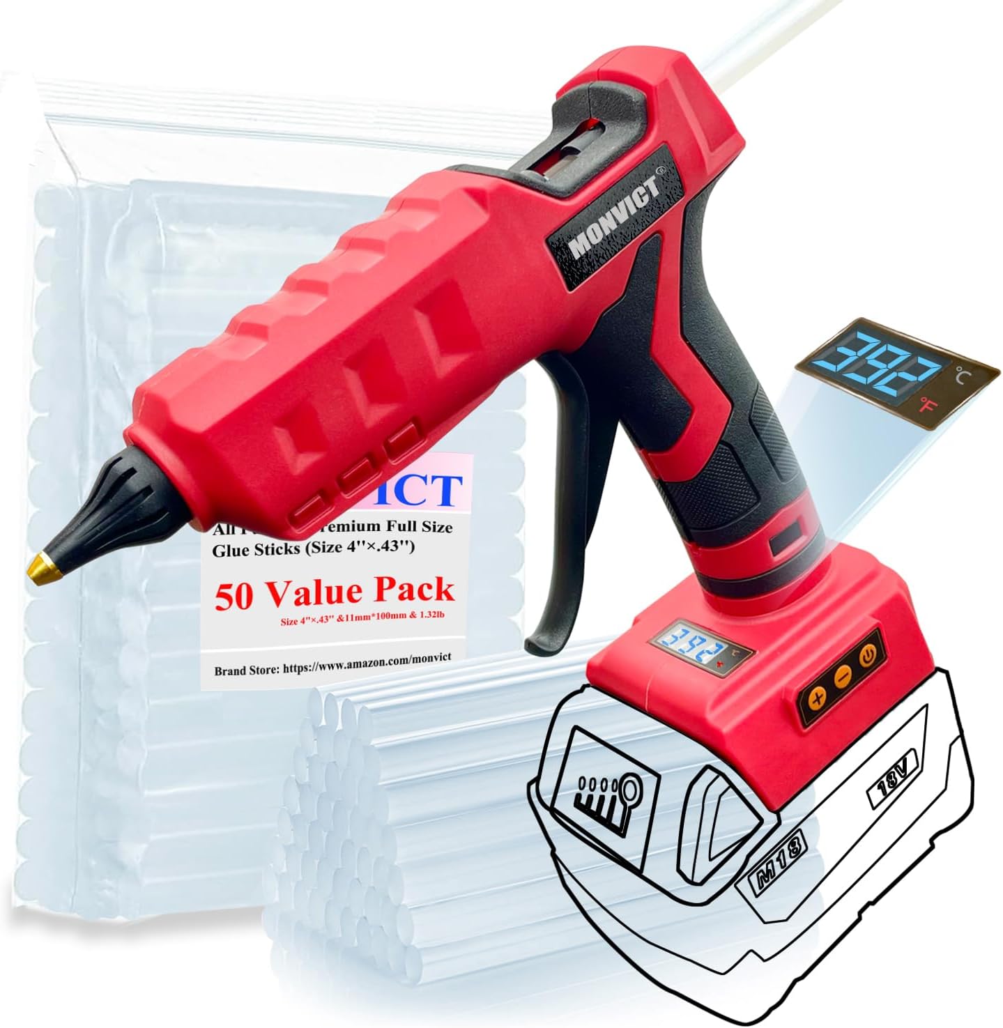 MONVICT 100W Cordless Glue Gun for Milwaukee 18V Battery, Upgraded Digital Temperature Adjustable Handheld Electric Power Full Size Heavy Duty Hot Glue Gun with 10 Glue Sticks (Tools only)