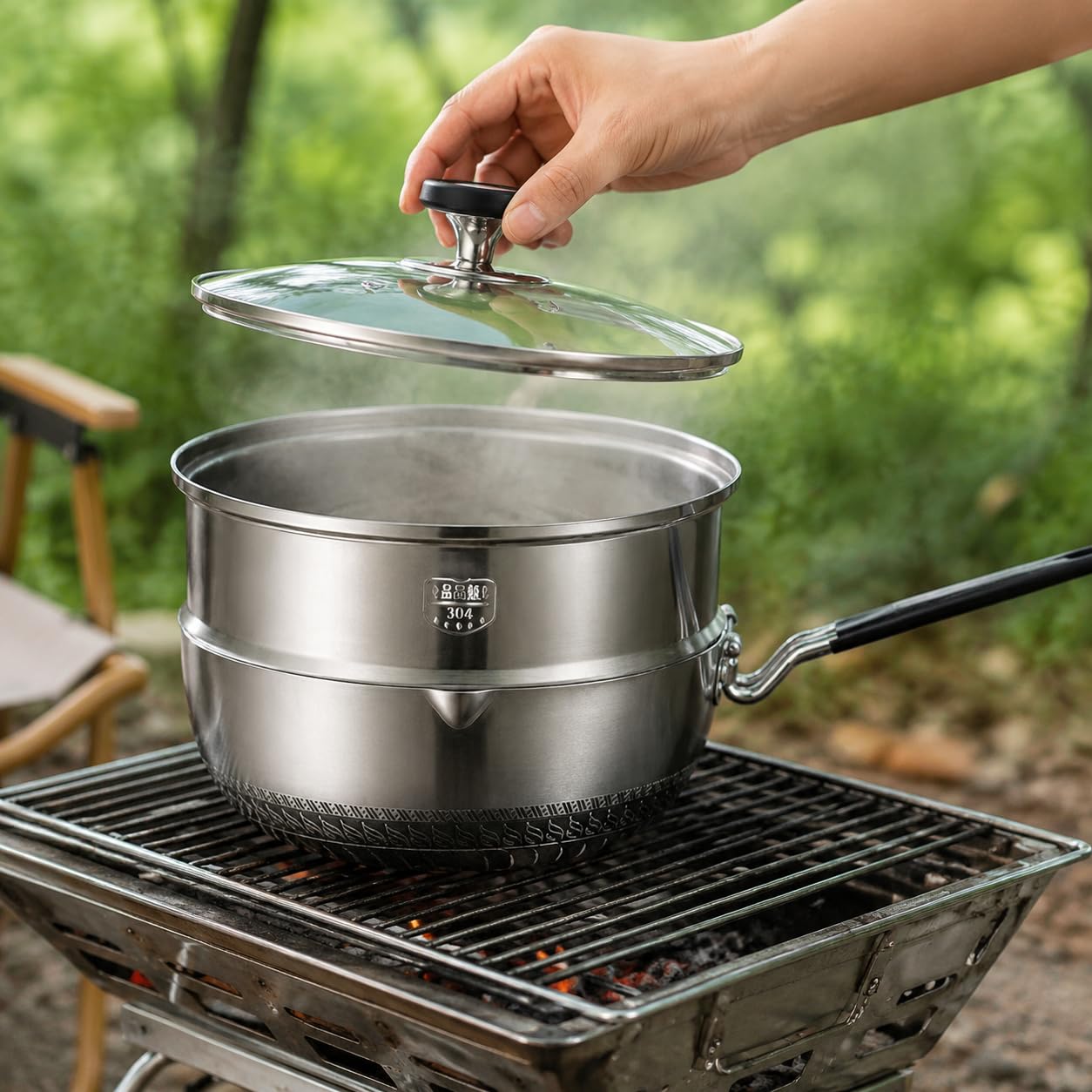 Menaje Camping Set Cocina, Olla y sartén con asa Plegable, para Senderismo y, 2