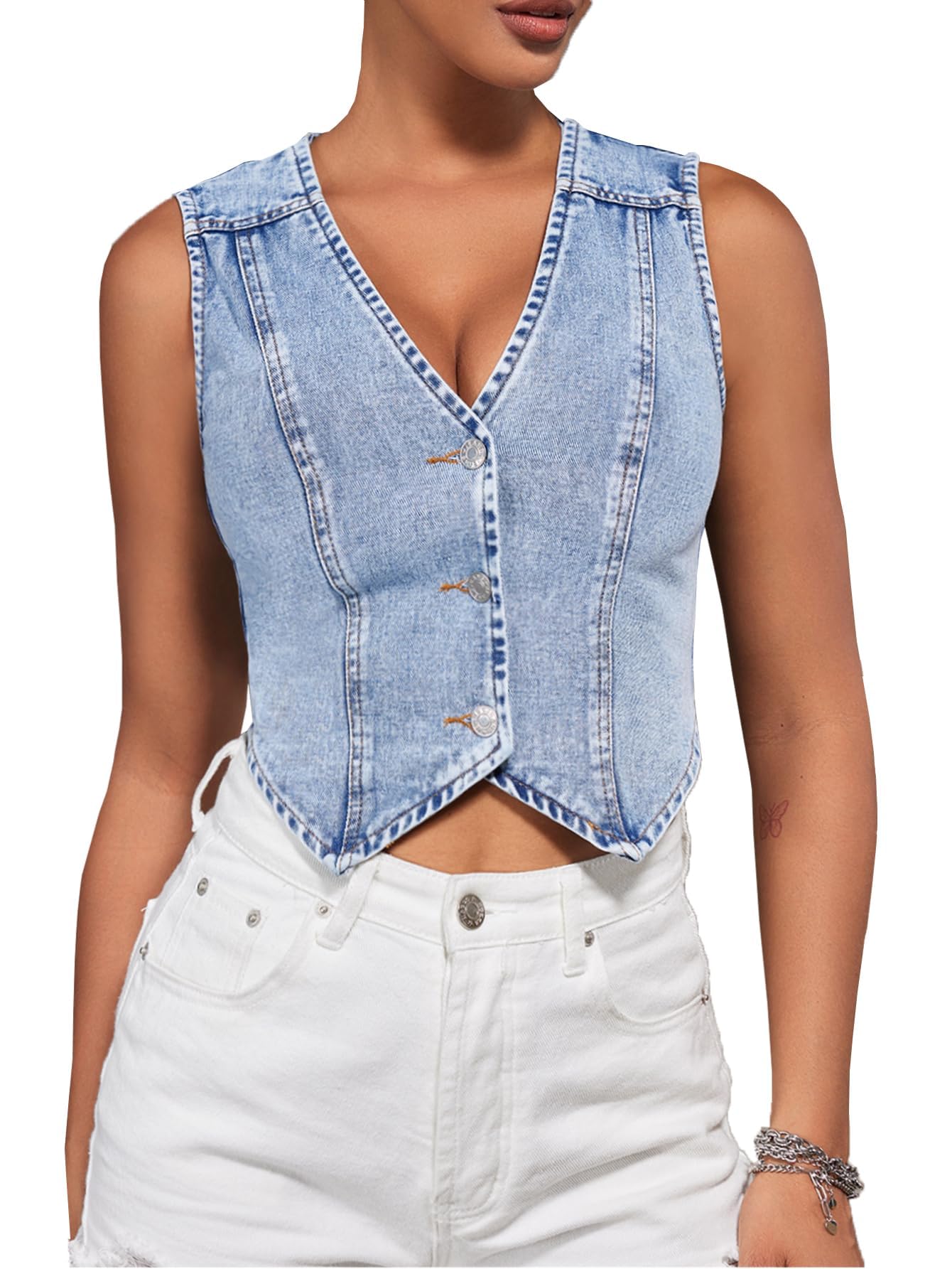 SHENHE Womens Denim Vest Button Down Sleeveless Jean Vest Top Y2K Cropped Denim Top Cowgirl Western Outfits