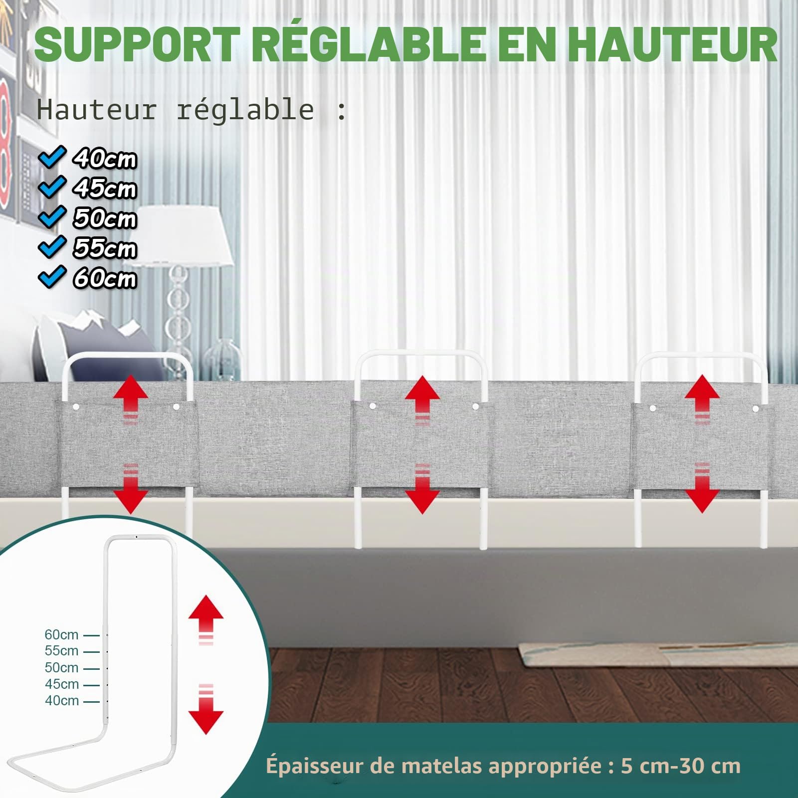 Froadp Barriere de Securite Enfant Lit Protection Antichute Lit Réglable en Hauteur Protection du Bord Lit avec Fermeture Éclair et Bouton-Pression Barrières de Lit Portables (100cm, Gris Lin)