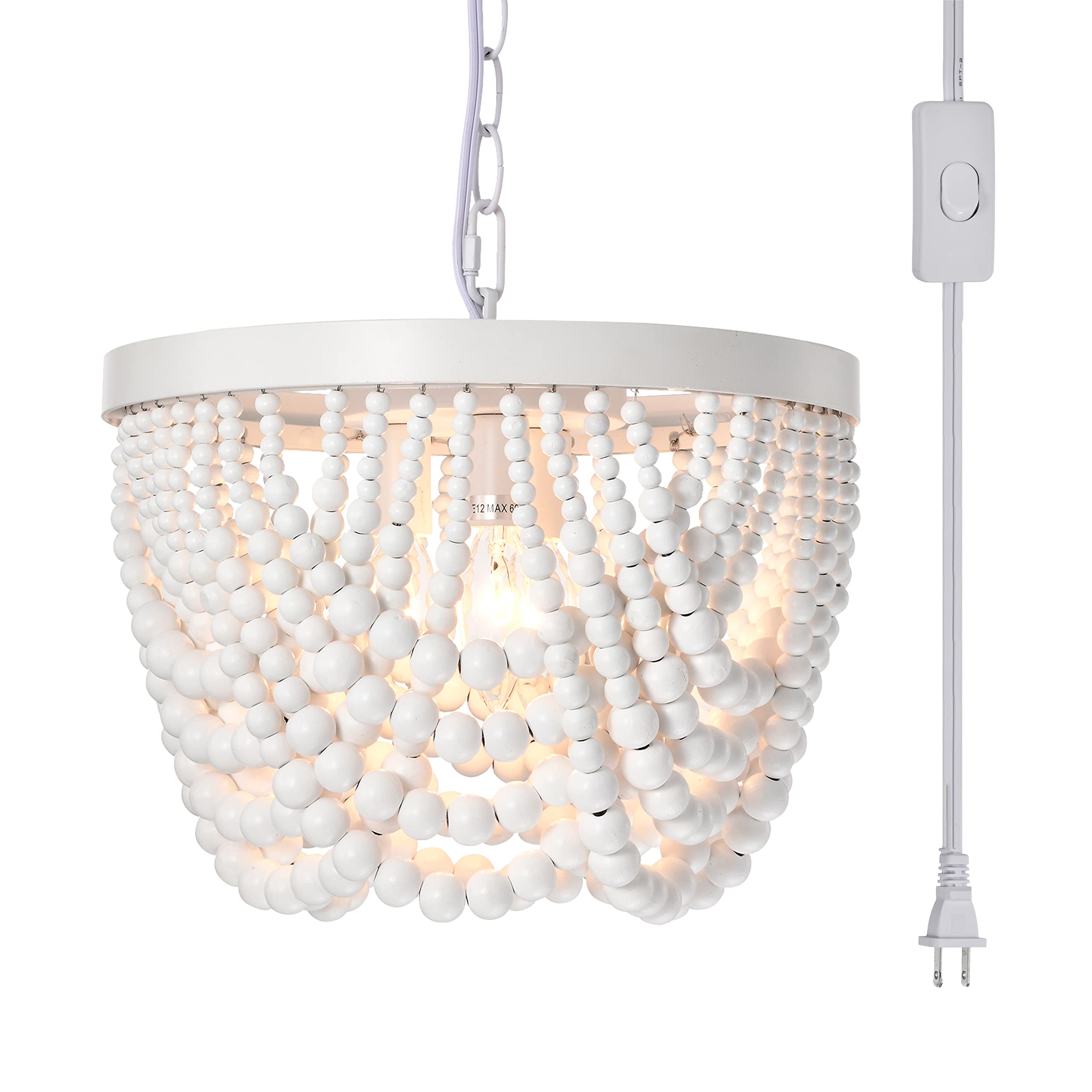 White Plug-in Wood Beaded 3-Light Small Boho Farmhouse Chandelier with 20ft Cord for Bedroom
