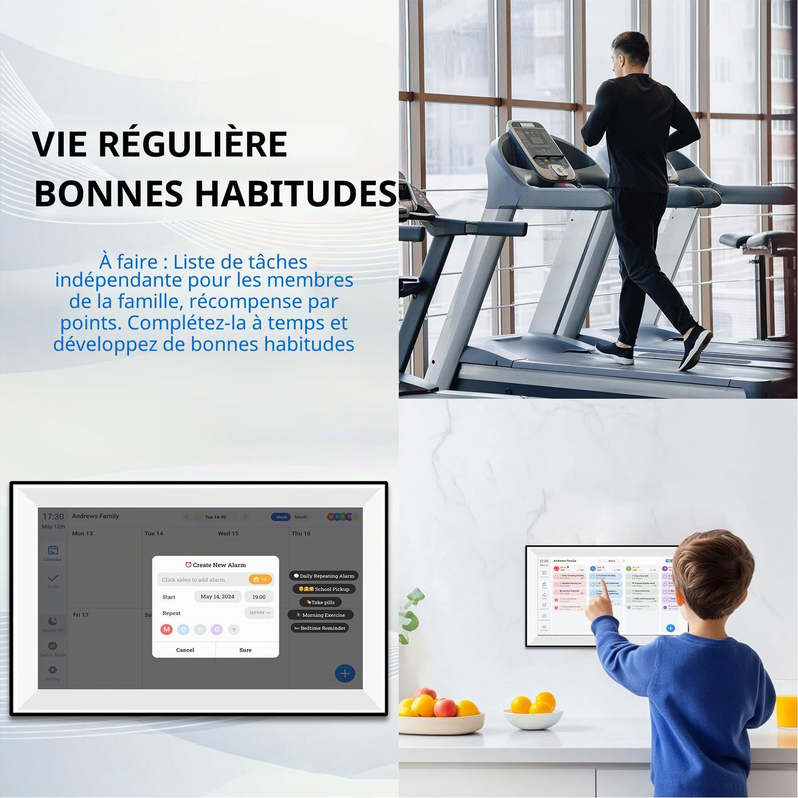 Qcwwy Calendrier Numérique de 10 Pouces, Calendrier électronique pour les Tâches Familiales avec Rétroéclairage Réglable, Support Multilingue, Planificateur Mural, écran Tactile (02)