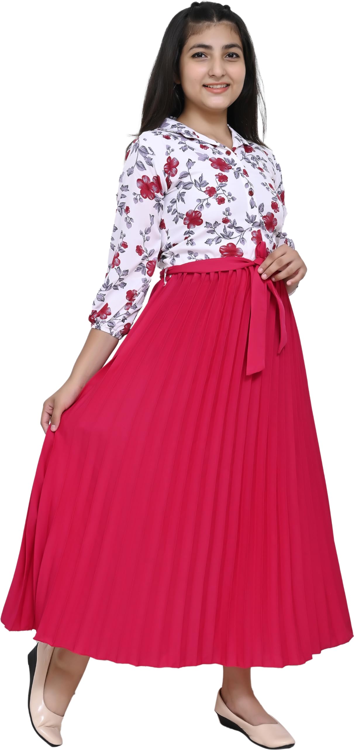 LIME 'N' LEMON Polyester Regular Fit Girls Maxi/Full Length Casual Dress (Pink, 3/4 Sleeve) 15-16 Years