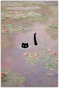 CAXIYSH Black Cat Wall Art Monet Water Lillies Poster Vintage Funny Floral Cat Canvas Picture Famous Paintings Art Prints for Aesthetic Room Wall Decor 16X24 Inch Unframed
