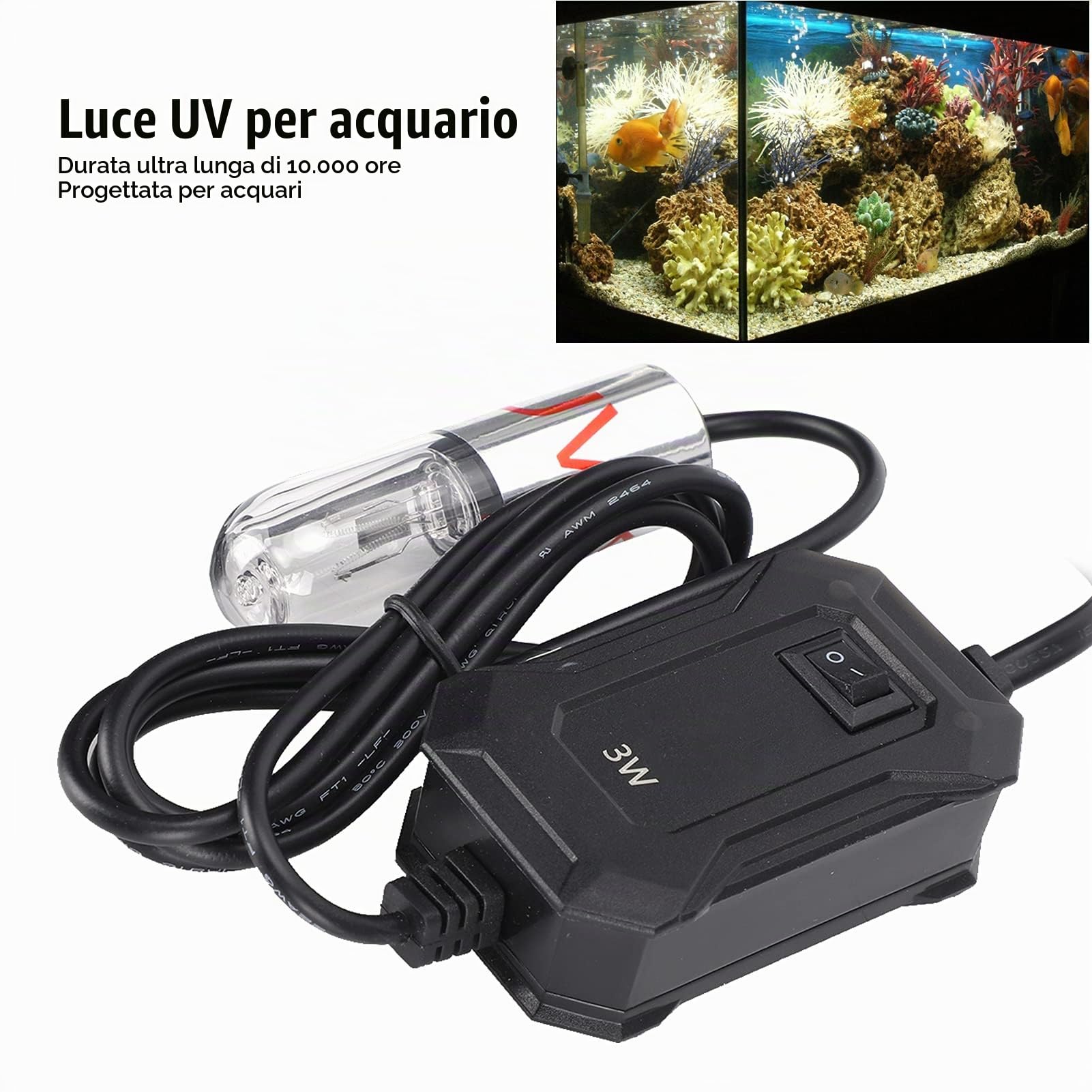 Luce per acquario da 3 W, disinfettante UV impermeabile per acquario, lampada per pulizia dell'acqua 10.000 ore di luce sommergibile con ventosa di fissaggio per pulizia della fioritura delle(UE 3W)