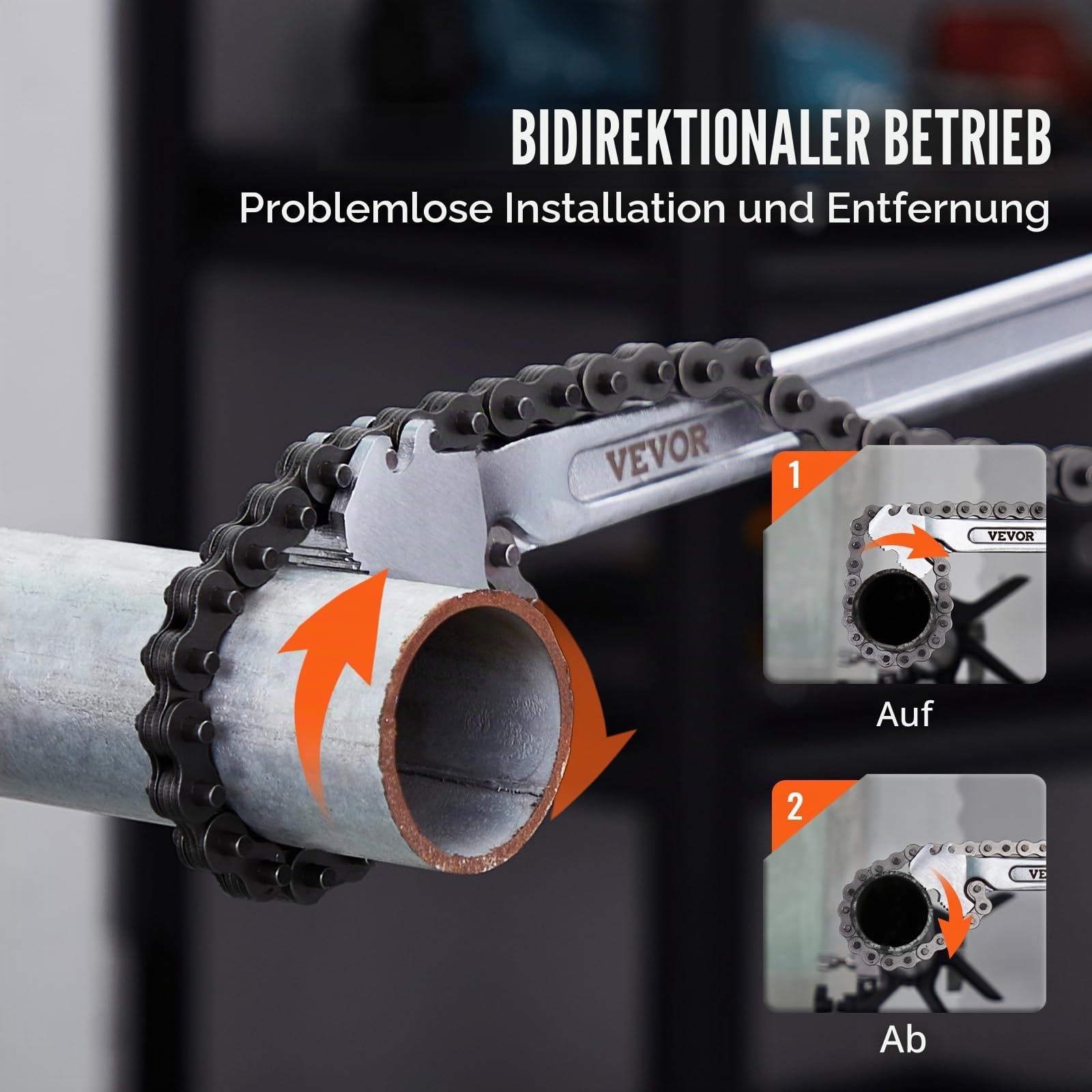 VEVOR Kettenschlüssel, 48 Zoll Kettenrohrschlüssel, 13,4 Zoll Durchmesser Kapazität, CRV umkehrbarer Rohrverschraubungsschlüssel mit hochfester Backe und ergonomischem Griff, für Rohrinstallation
