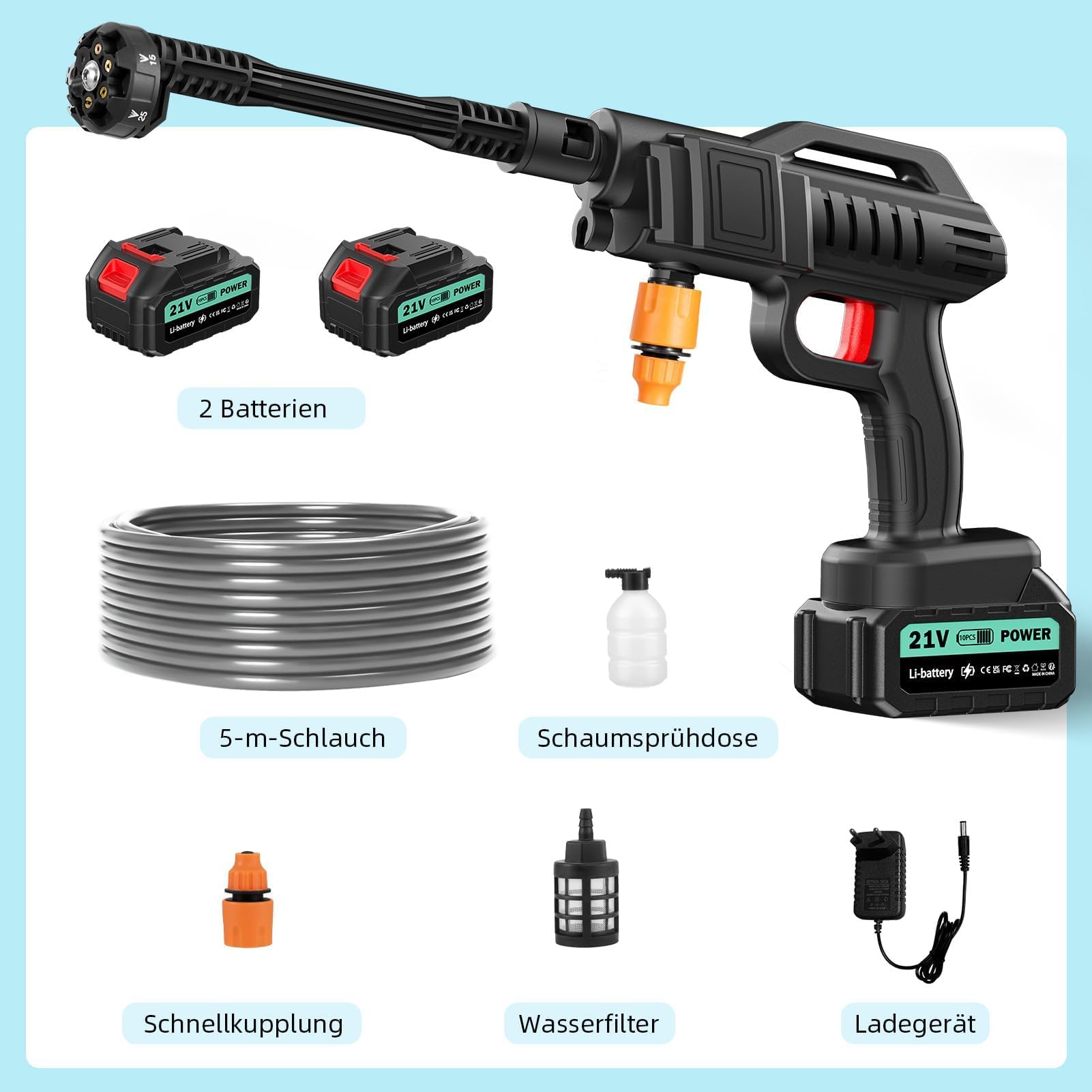 Limpiador de alta presión con batería, 100 bar, 270 L/H, pistola portátil con 2 baterías de 3000 mAh, pistola de lavado 6 en 1, boquilla ajustable, manguera de 5 m para suelo de coche