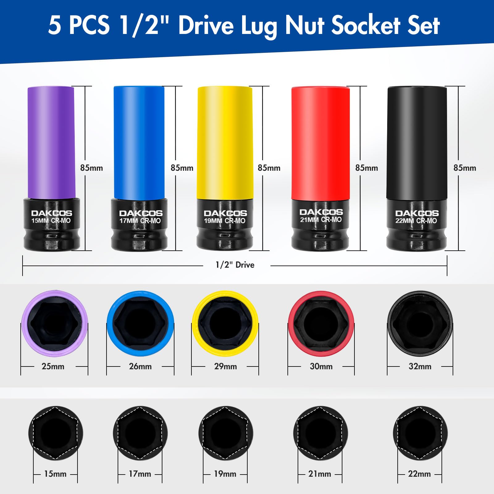 DAKCOS 5PCS 1/2-Inch Drive Lug Nut Impact Socket Set, 15mm, 17mm, 19mm, 21mm, 22mm Wheel Protector - Image 2