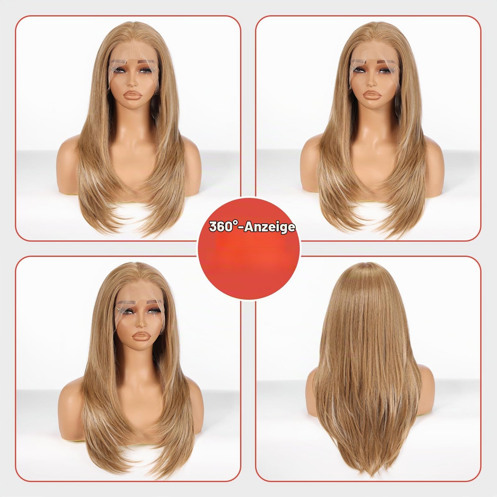 Allbell 13x6 Highligh Light Brown Lace Front Wig for Women 22 Inch Long Straight Layered Wig,Glueless Synthetic HD Lace Wigs for Daily Party Use