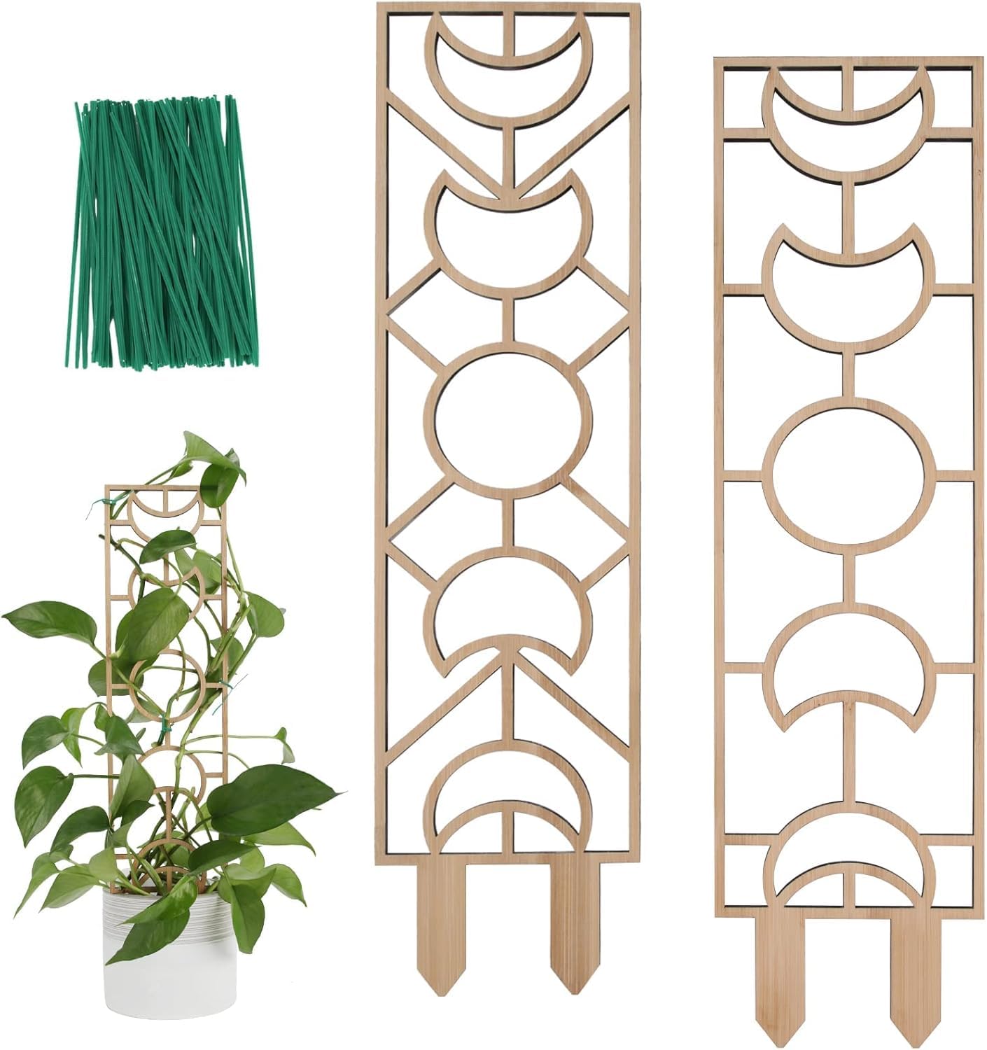 Wooden Trellis Indoor 2 PCS, 16.2 Inch Small Wooden Trellis Indoor, Small Plant Trellis Wood Indoor Potted Plant Trellis for Potted Climbing Plant, Moon Geometric Shape Design