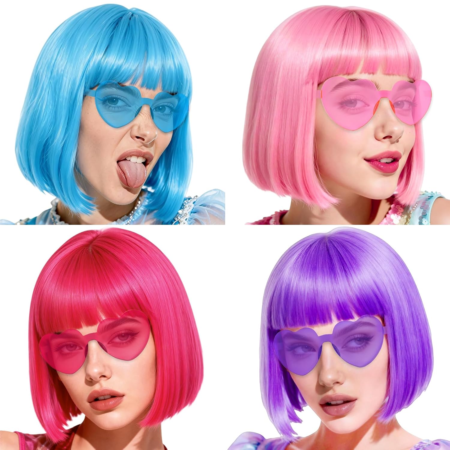 MEEZY 4 Pack Colorful Short Bob Wigs with Heart Sunglasses for Women Men, Funny Wigs Neon Bob Hair with Hair Cap Halloween Costume Cosplay Fancy Dress for Birthday Bachelorette Party Supplies