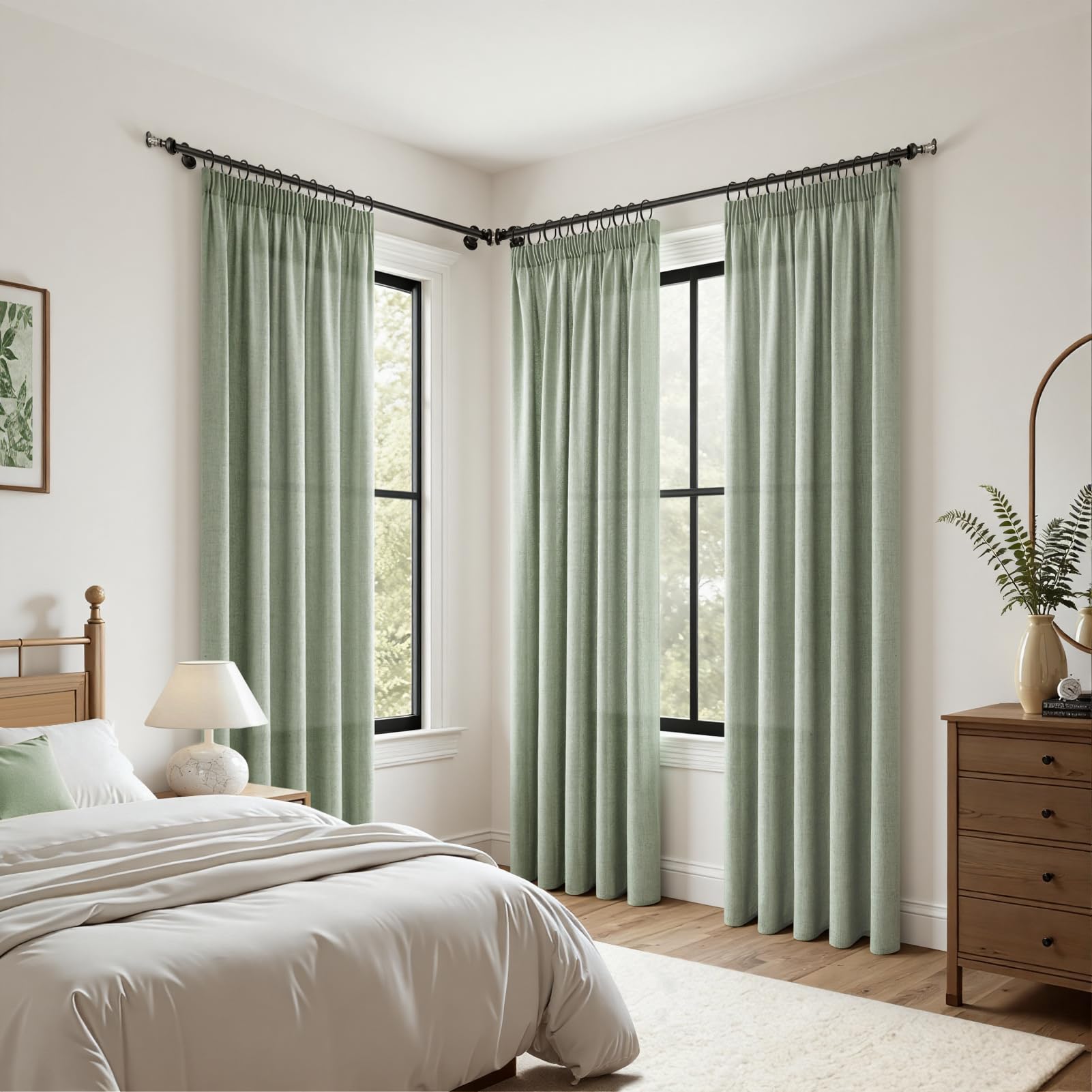 CUTEWIND Tende con nastro arricciato, 220 x 140 cm (altezza x larghezza), effetto lino, per soggiorno, camera da letto, cucina e cameretta dei bambini, colore verde salvia