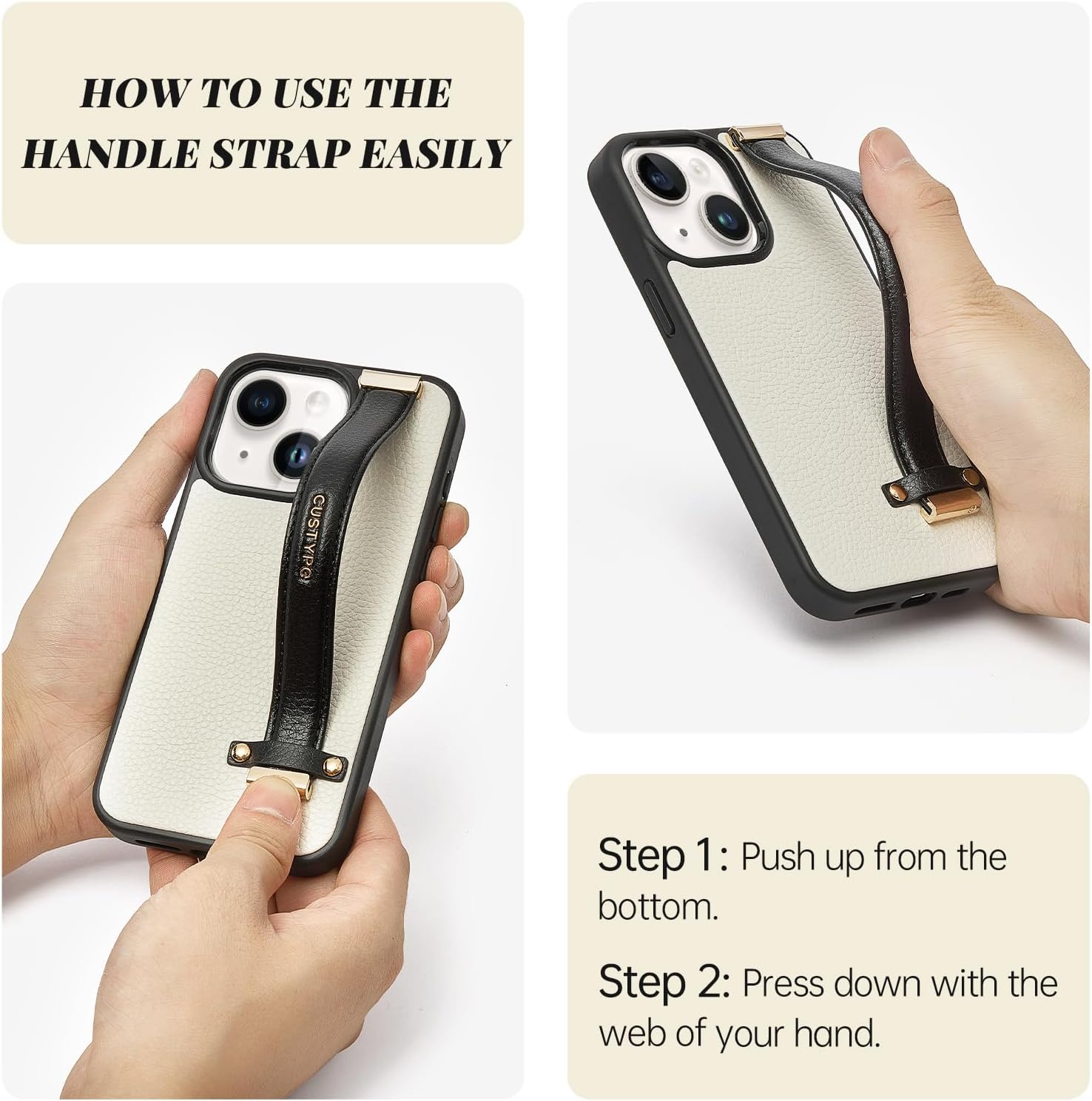 CUSTYPE for iPhone 14 Case with Adjustable Wristband Strap Kickstand, Hand Strap Grip Loop Leather Case,Shockproof Protection Cover for Women for iPhone 14 6.1inch-Black&White