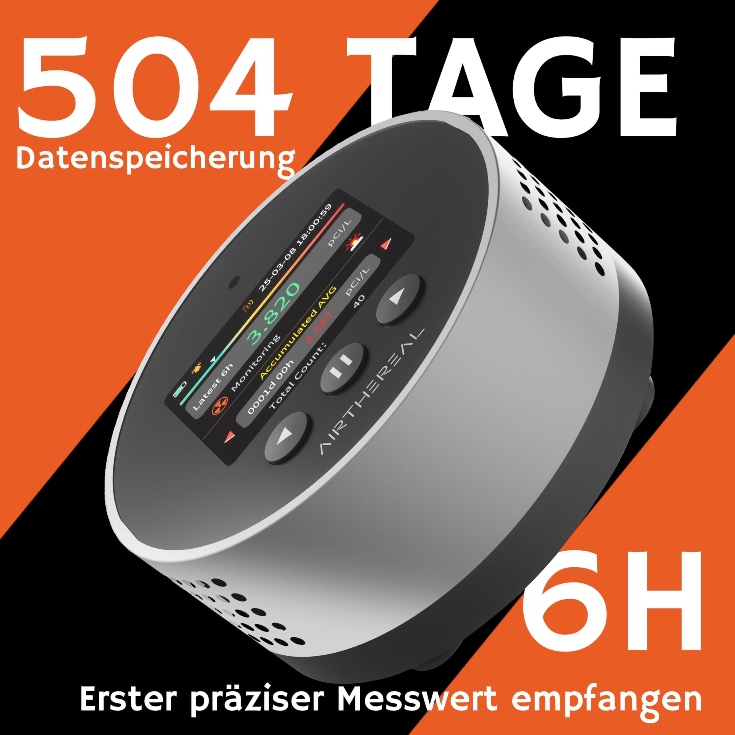 Airthereal Radonmessgerät Tragbar RM63 – Radon-Detektor für Haus & Keller, 504 Tage Langzeit-Datenspeicher, LCD-Farbdisplay, Schnelle 6-Std.-Ergebnisse, Lange Batterie, akustischer & visueller Alarm