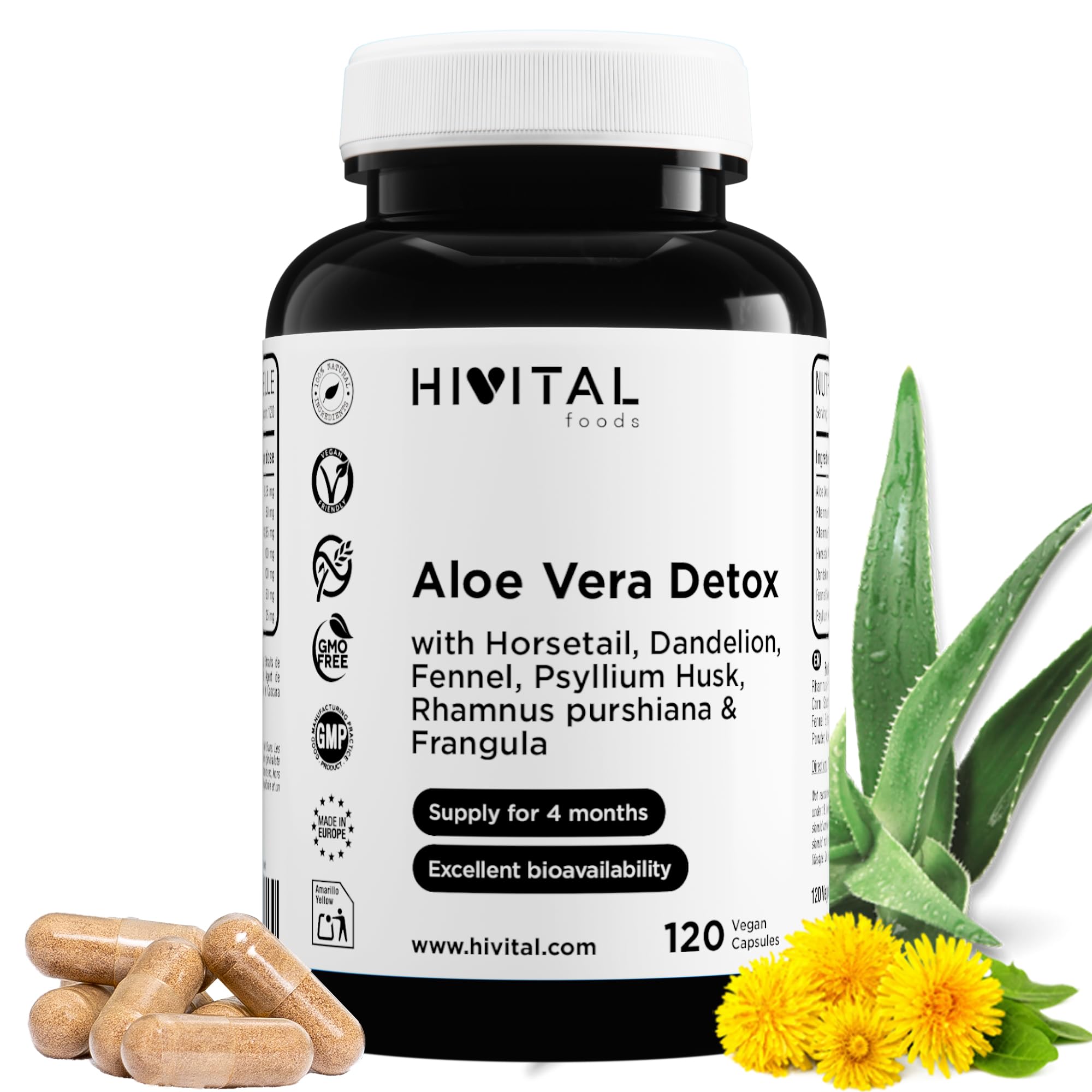 Aloe Vera Detox. 120 vegane Kapseln fr 4 Monate. Mit Cascararinde,  Frangula, Schachtelhalm und Lwenzahn. Harntreibend und natrliches  Abfhrmittel. ...