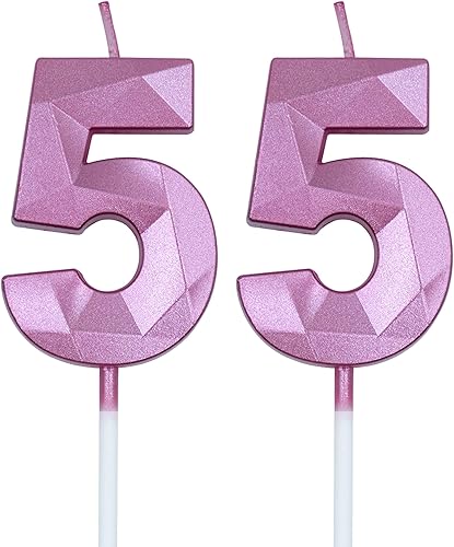 Velas de cumpleaños número 55 para pastel, color rosa número 55, 3D, velas en forma de diamante, decoraciones de cumpleaños, suministros de fiesta