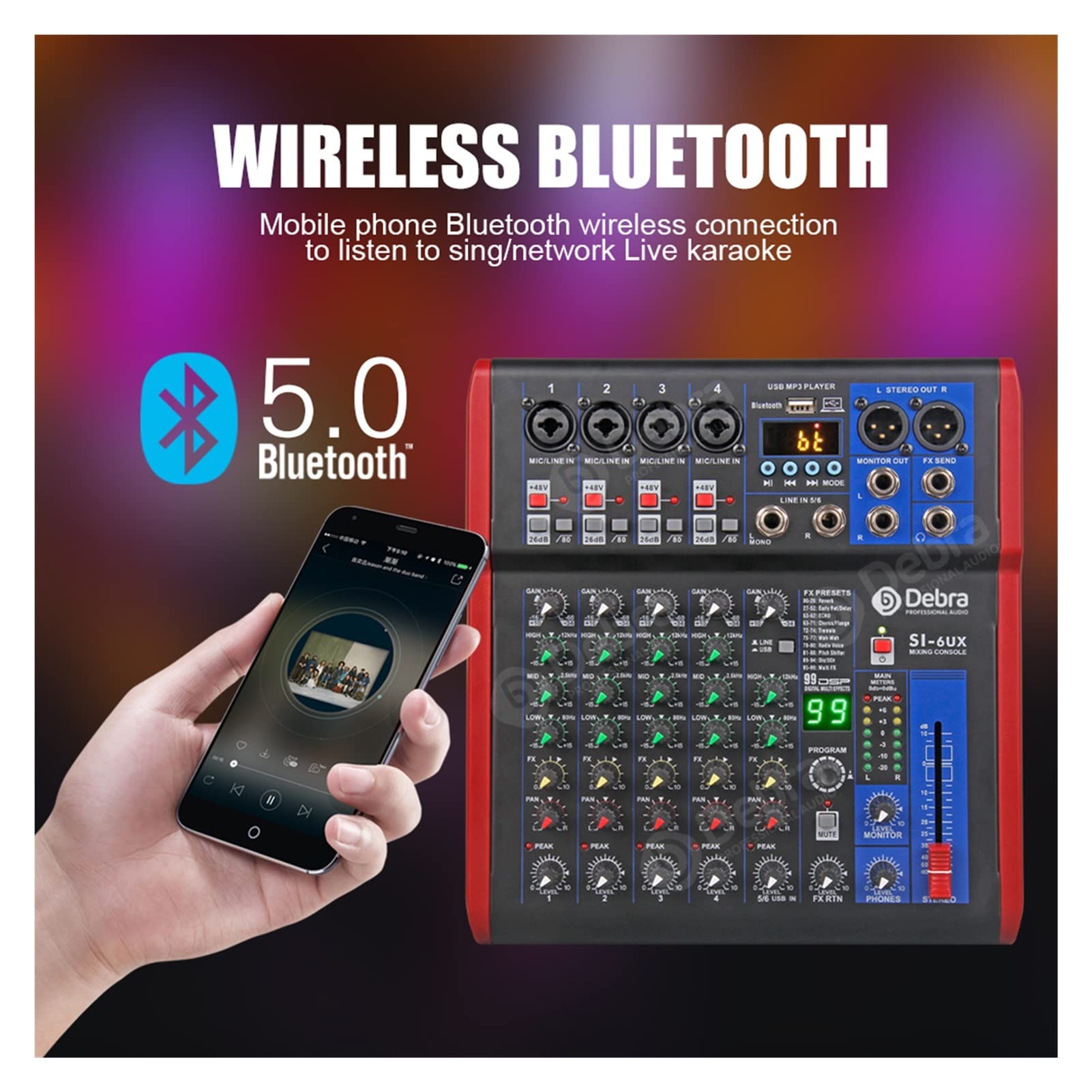 Attrezzatura per DJ per Feste Suono Pulito! Canale Debra PRO 6 USB Audio del Mixer con 99 Dsp Effetti digitali for DJ Miscelatore Console Karaoke Registrazione Studio