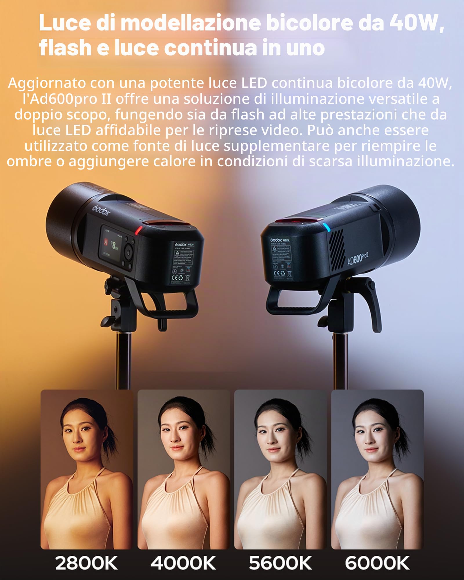 Godox AD600ProII - Flash da studio monocromatico, 600 WS, 2,4 G, TTL 1/8000s HSS per esterni, GN87 40 W bicolore 2800 K-6000 K, tempo di riciclaggio 0,01 s ~ 0,9 s, batteria al litio da 2600 mAh