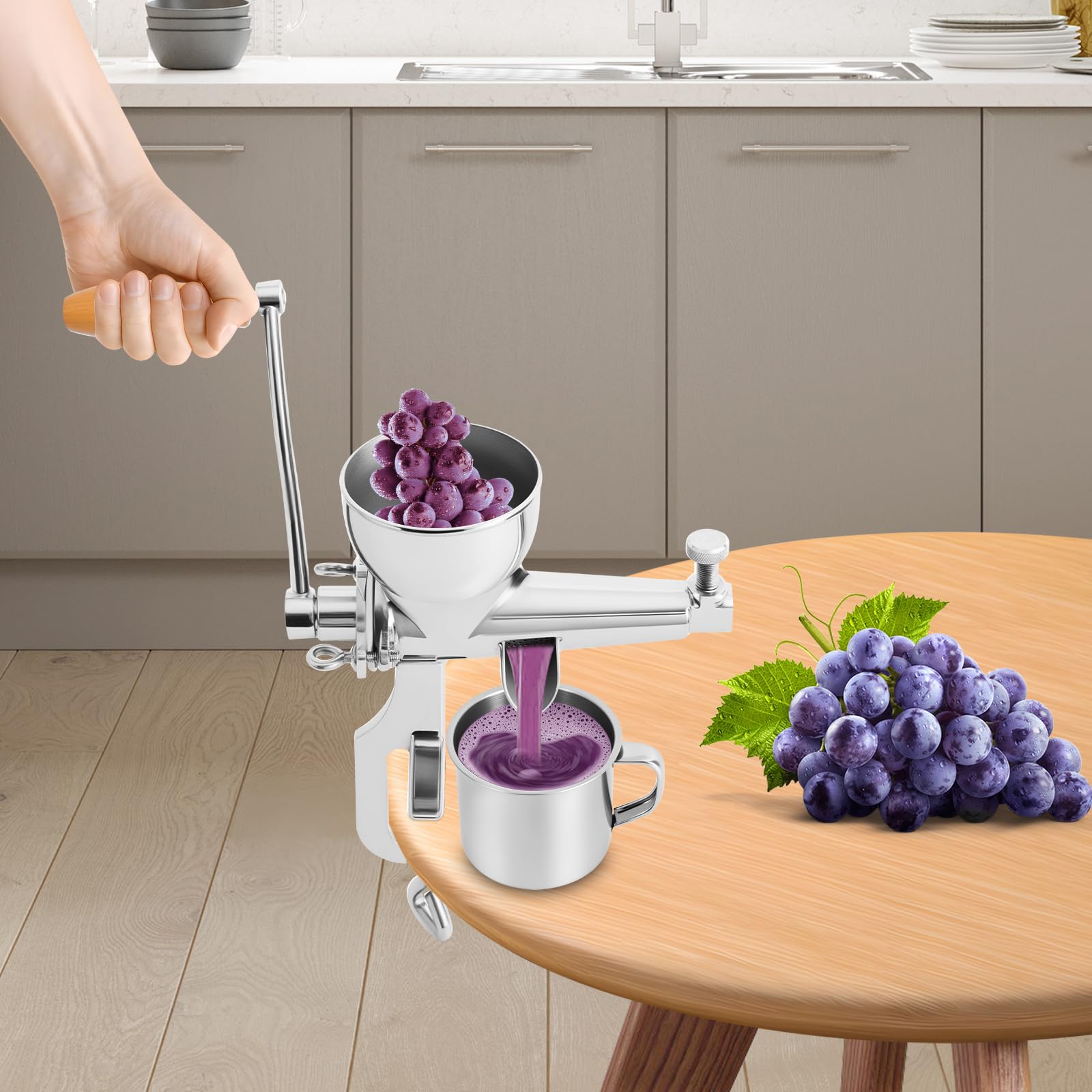 Exprimidor manual de hierba de trigo, exprimidor manual de frutas y verduras, prensa manual con colador y cepillo de limpieza, abrazadera de mesa de acero inoxidable, prensa manual de bayas para