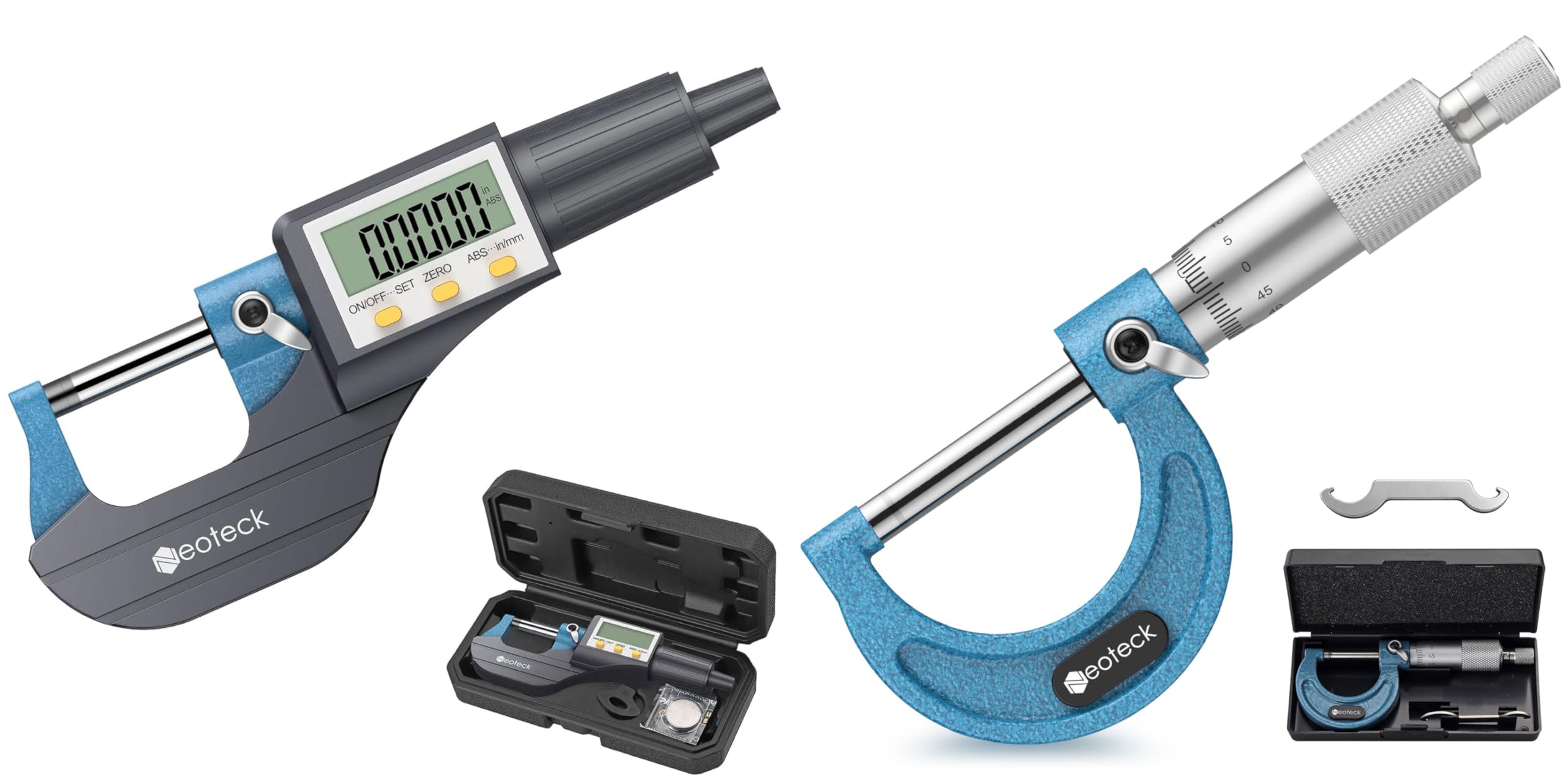 Neoteck Kit Micrometro Professionale: Micrometro Elettronico Digitale 0.001mm + Micrometro Meccanico 0.01mm di Precisione, per Officina Meccanica, Controllo Qualità e Lavori di Precisione