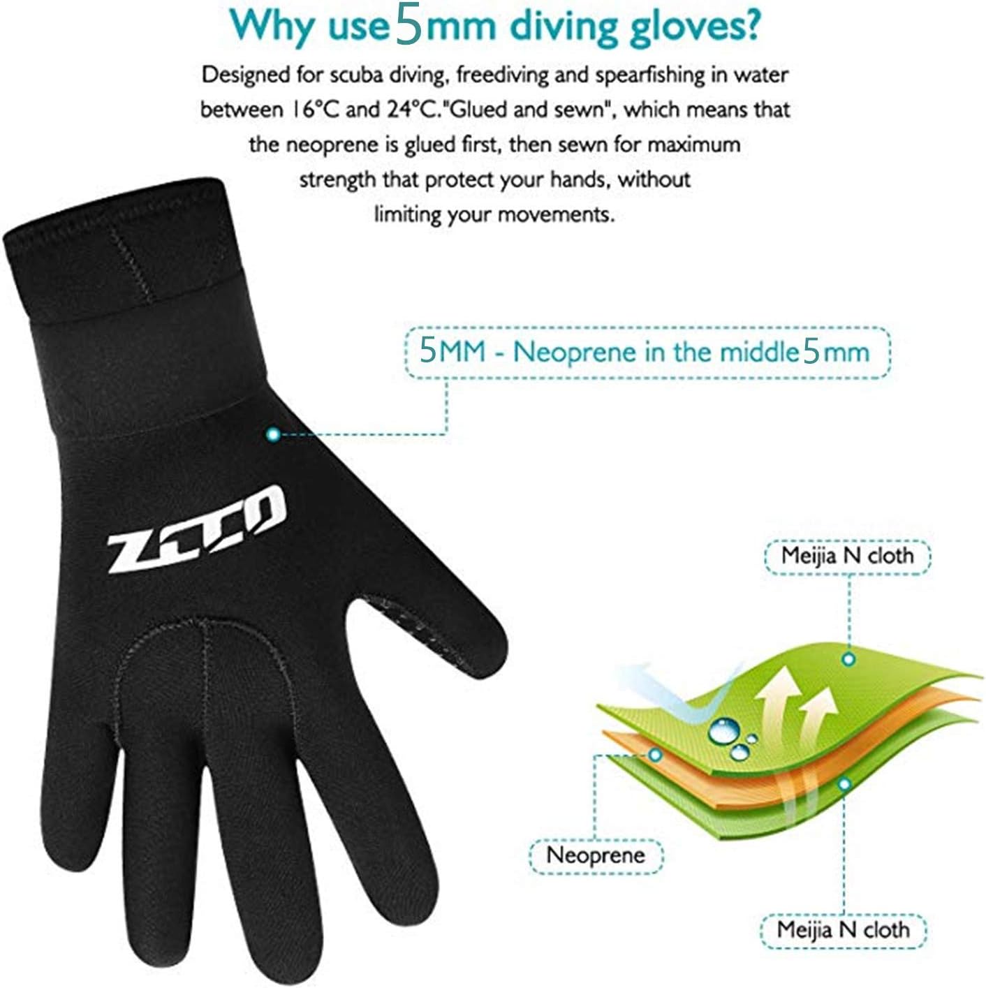 ZCCO Diving Gloves, 3mm/5mm Neoprene Double-Layer Thermal Wetsuit Gloves with Elastic Wrist and Skid Resistance Particles for Swimming,Diving,Surfing,Snorkeling