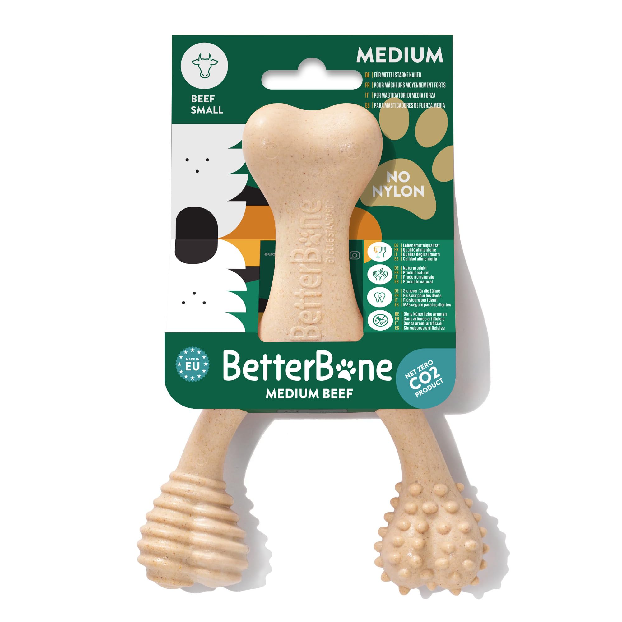 BetterBone - Giocattolo per cani da masticare – Small Medium Beef – Osso da masticare per cani senza nylon e OGM a base di cellulosa – Giocattolo da masticare medio con sapore di manzo – Legno da