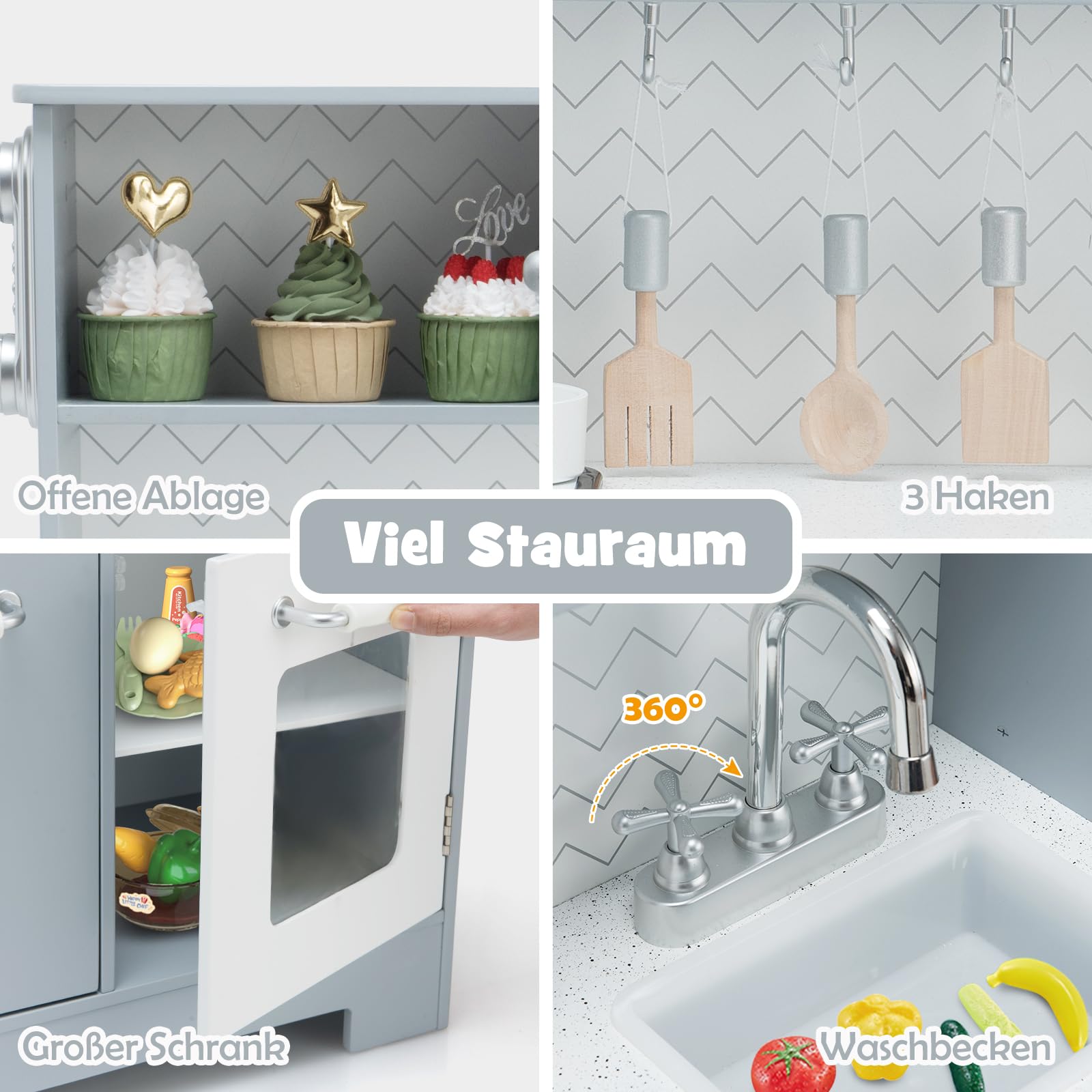 DREAMADE Spielküche Kinderküche mit Licht und Sound, Kinderspielküche mit Spüle Herd Backofen Mikrowelle, Kinder Küche aus Holz mit Spielzubehör für Kinder ab 3 Jahren