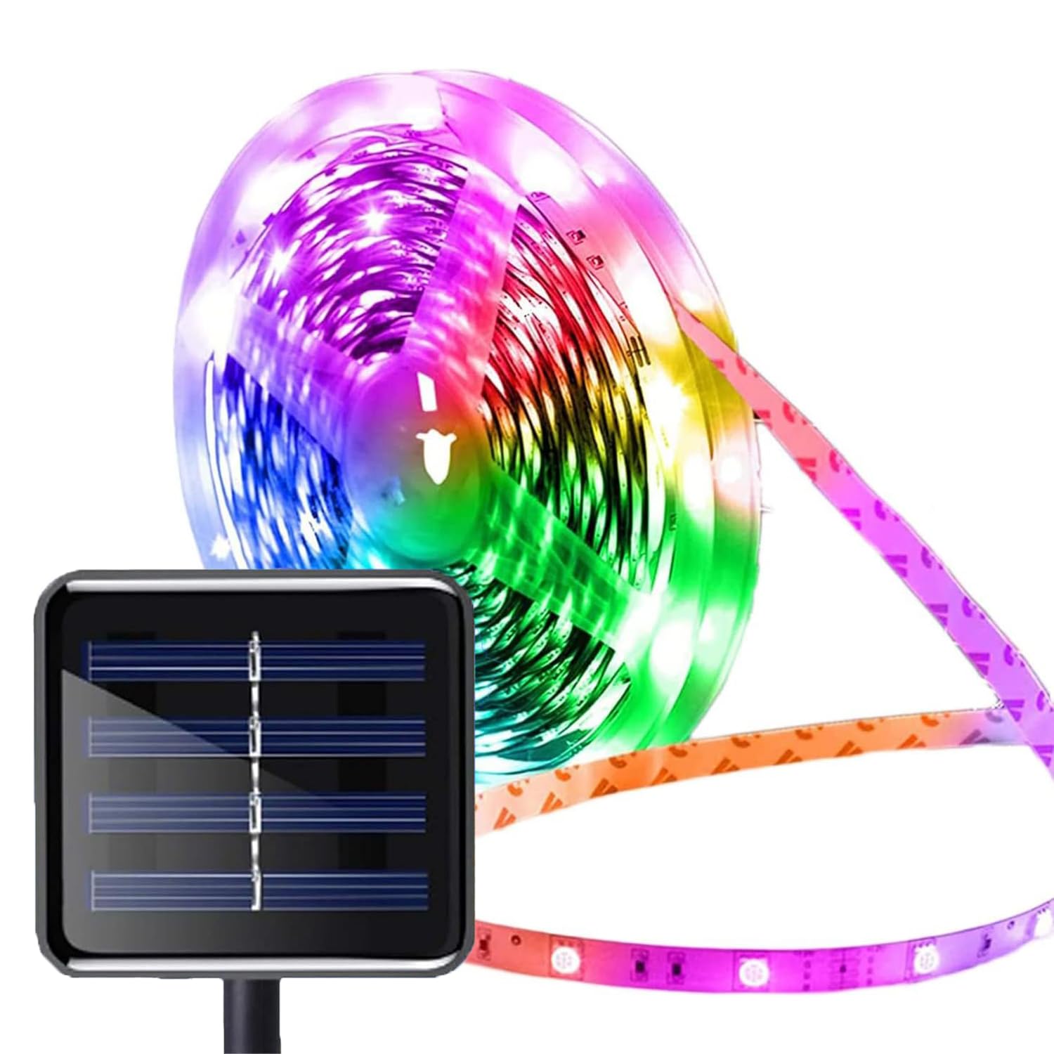 Tira de luces solar de 90 ledes, se puede cortar, para exteriores, 8 modos, resistente al agua, autoadhesiva, para jardín, terraza, balcón, escaleras, decoración (2, multicolor)